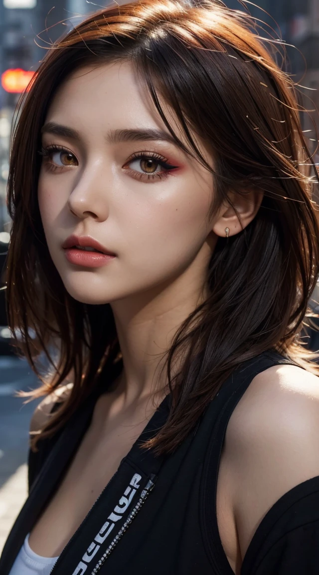 beautiful girl, Half Body Portrait, Short, bright red, messy hair, Black Eyeshadow, (Street Style Wear:1.2), (Urban Background:1.2), Heavy makeup, Digital Art, Trending on Art Station, highly detailed, The finer details, Complex, beautiful detailed glow, detailed, Cinematic Light, High resolution, detailed facial features,Sharp focus, Smooth, beautiful,