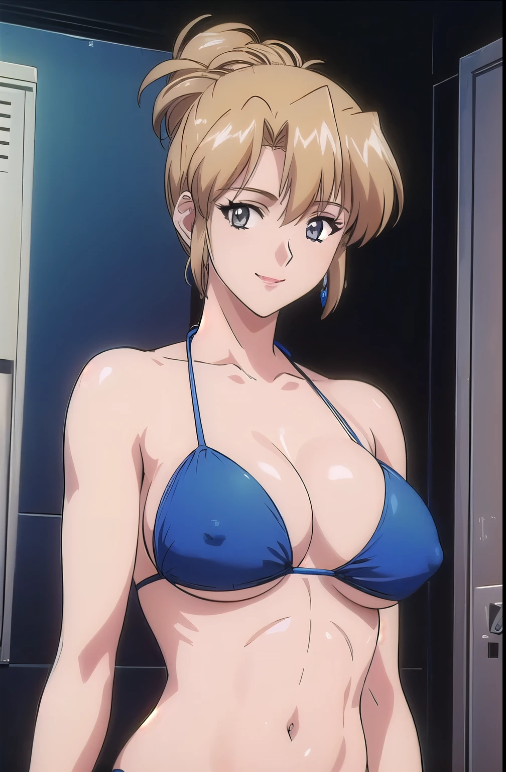 masterpiece, best quality, looking at viewer, (upper body:1.7), (toned belly:1.9), medium height, (slim arms:1.9), (toned arms:1.8), ultra detailed, (smile:1.5), folded ponytail, locker room, bright image, (blue bikini:1.5), hot colors, closed fists, lip stick, very big breasts with perky nipples, big cleavage, white skin, lights, high brightness, wide hips, groin line, white skin, (long belly:1.3)
