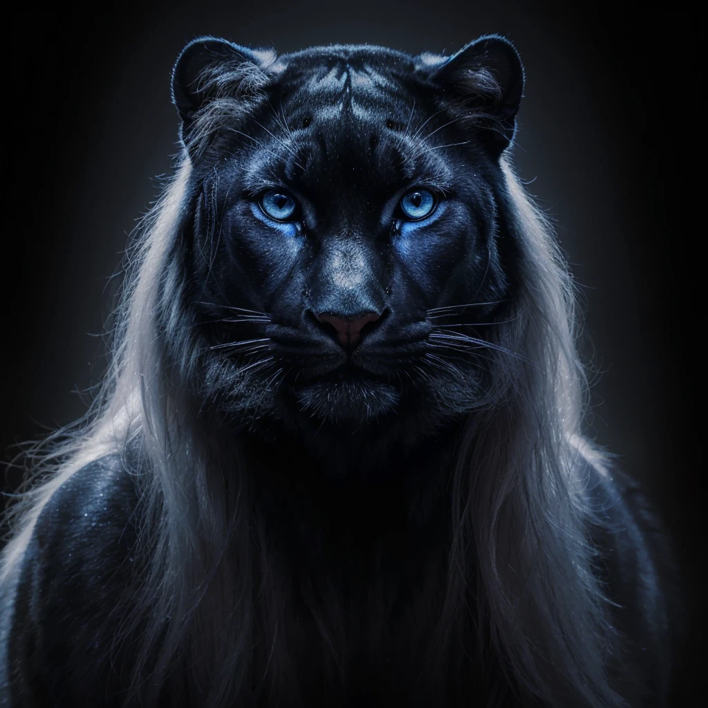 Face of a panther woman with long hair, striking indigo blue slanted eyes, very feminine. Photorealism, full view, highly detailed image, very realistic, hyperrealism, Ultra HD, 8k, 5, sharp focus, intricate and mysterious masterpiece. (Long exposure photography Very detailed close-up portrait artistic illustration: final quality, medium shot, backlight, Rich and striking. Enigmatic and mysterious manipulations (composition of the rule of thirds), ((detailed environment with strong lines) The best quality, in camera, white light, warm and clean aesthetics, dazzling screen composed of millions of brilliant ultraviolet rays, HDR.