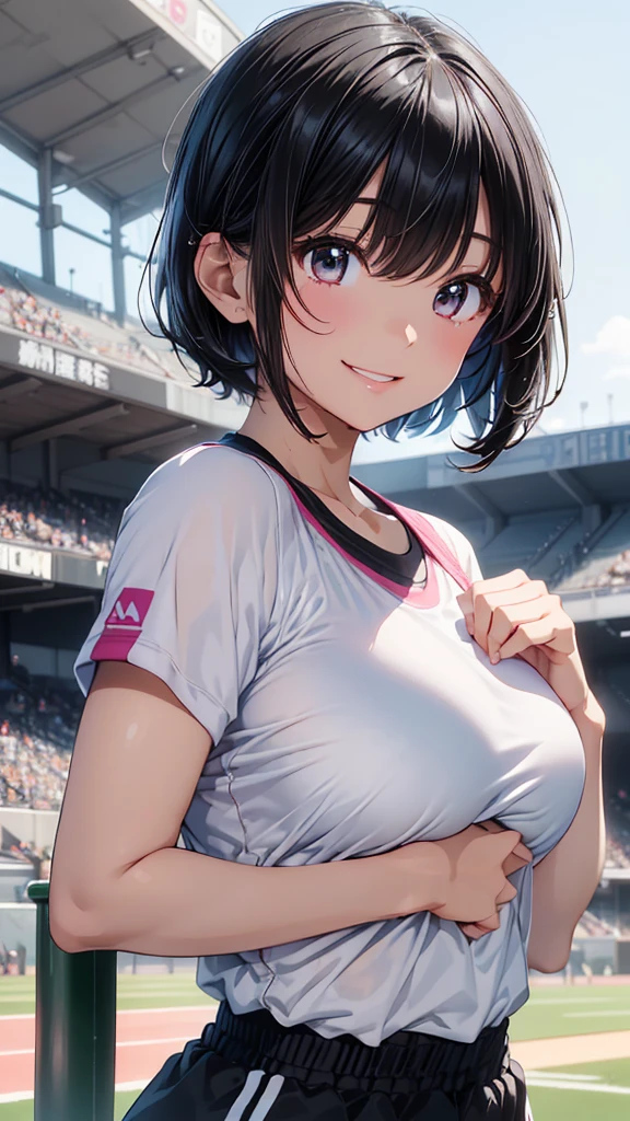 masterpiece、High resolution、High resolution、High resolution、1 female、Very close、((Depiction of only the upper body、Very large breasts))、((Black Hair、short hair))、A kind smile、Laughing with your mouth open、Pink Lip Gloss、((High leg sportswear、Put your hands behind your back))、Athletics Stadium