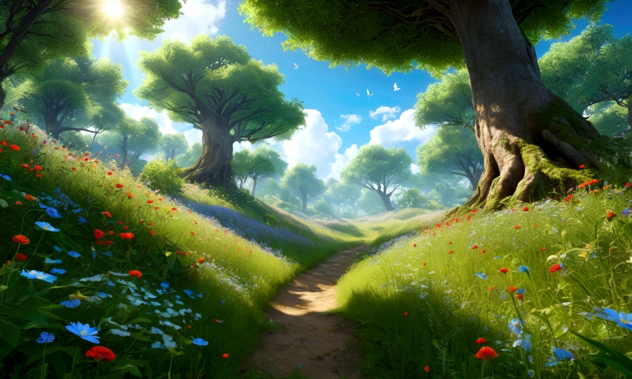 Mysterious Forest、Gentle sunlight filtering through the trees and blue skies、Lush forest leaves, grass and wildflowers、Delicious little fruit、Fairy dust floating in the air、The overall atmosphere is dreamy and tranquil.。Different world、Different dimension、Very realistic、Realistic、Surreal、masterpiece、Highest quality、High resolution、8K、3D Rendering、Depth of written boundary、