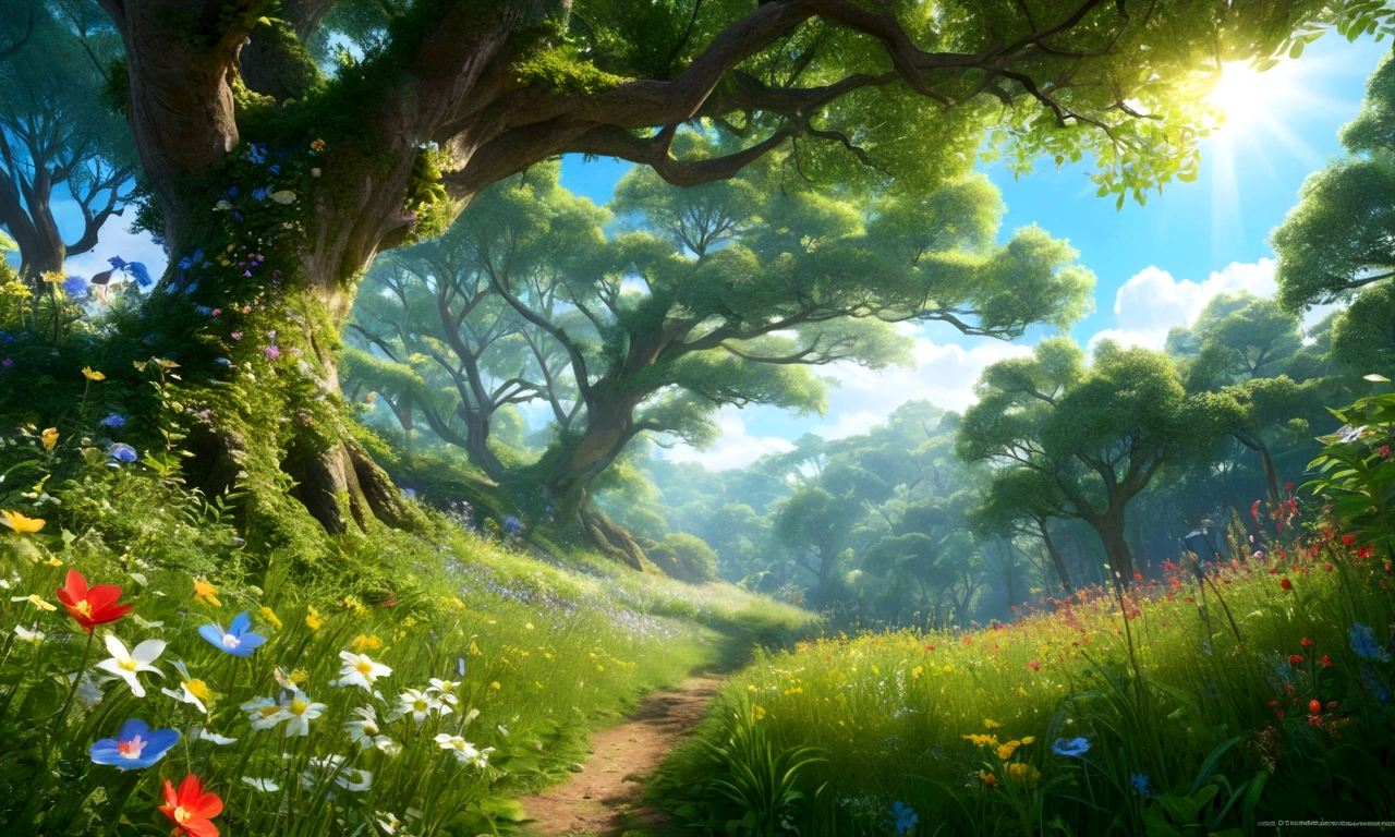 Mysterious Forest、Gentle sunlight filtering through the trees and blue skies、Lush forest leaves, grass and wildflowers、Delicious little fruit、Fairy dust floating in the air、The overall atmosphere is dreamy and tranquil.。Different world、Different dimension、Very realistic、Realistic、Surreal、masterpiece、Highest quality、High resolution、8K、3D Rendering、Depth of written boundary、