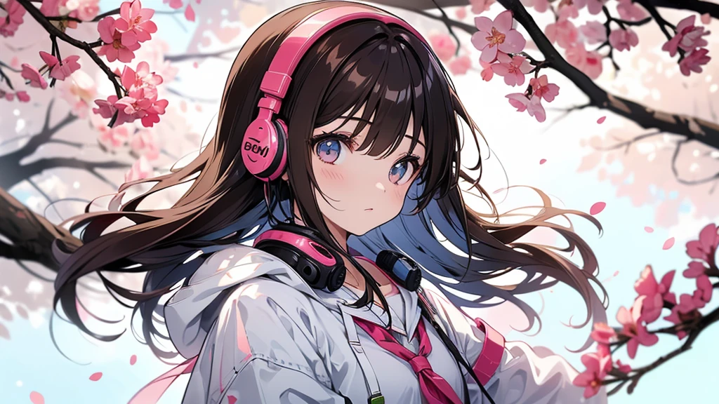 A girl wearing headphones under a cherry blossom tree。Brown Hair。