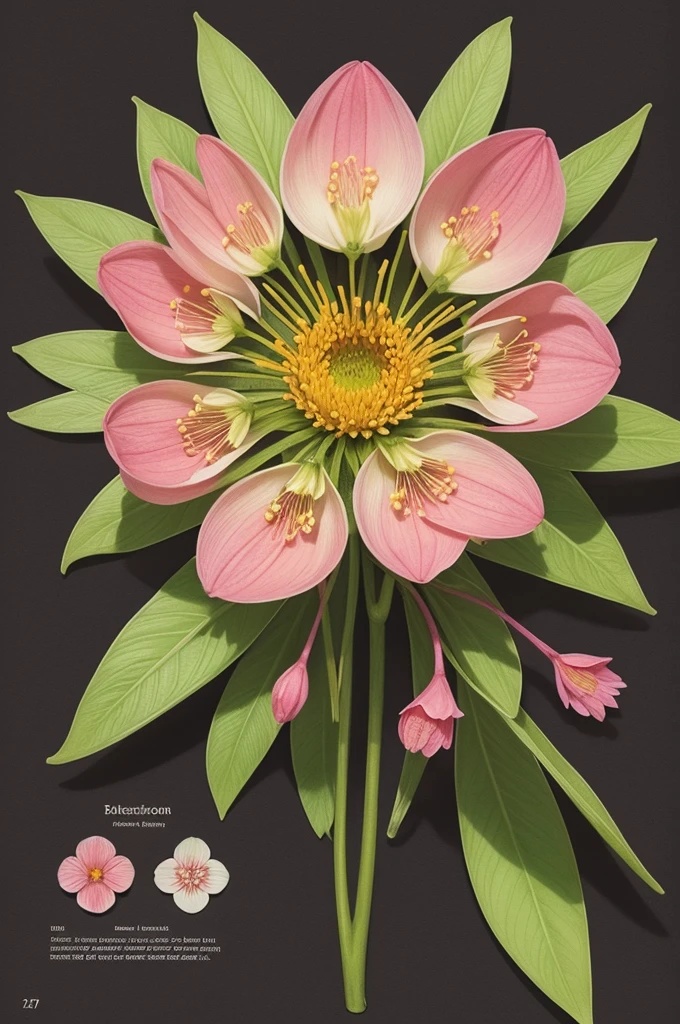 Draw a detailed picture of a flower that shows its entire anatomy. The illustration must include petals, sepals, stamens, anthers, steaks, pistil, Stigma, style and ovary. Each part must be clearly labeled and highlighted with different colors for easy identification. The illustration style should be scientific and precise, similar to a botanical diagram