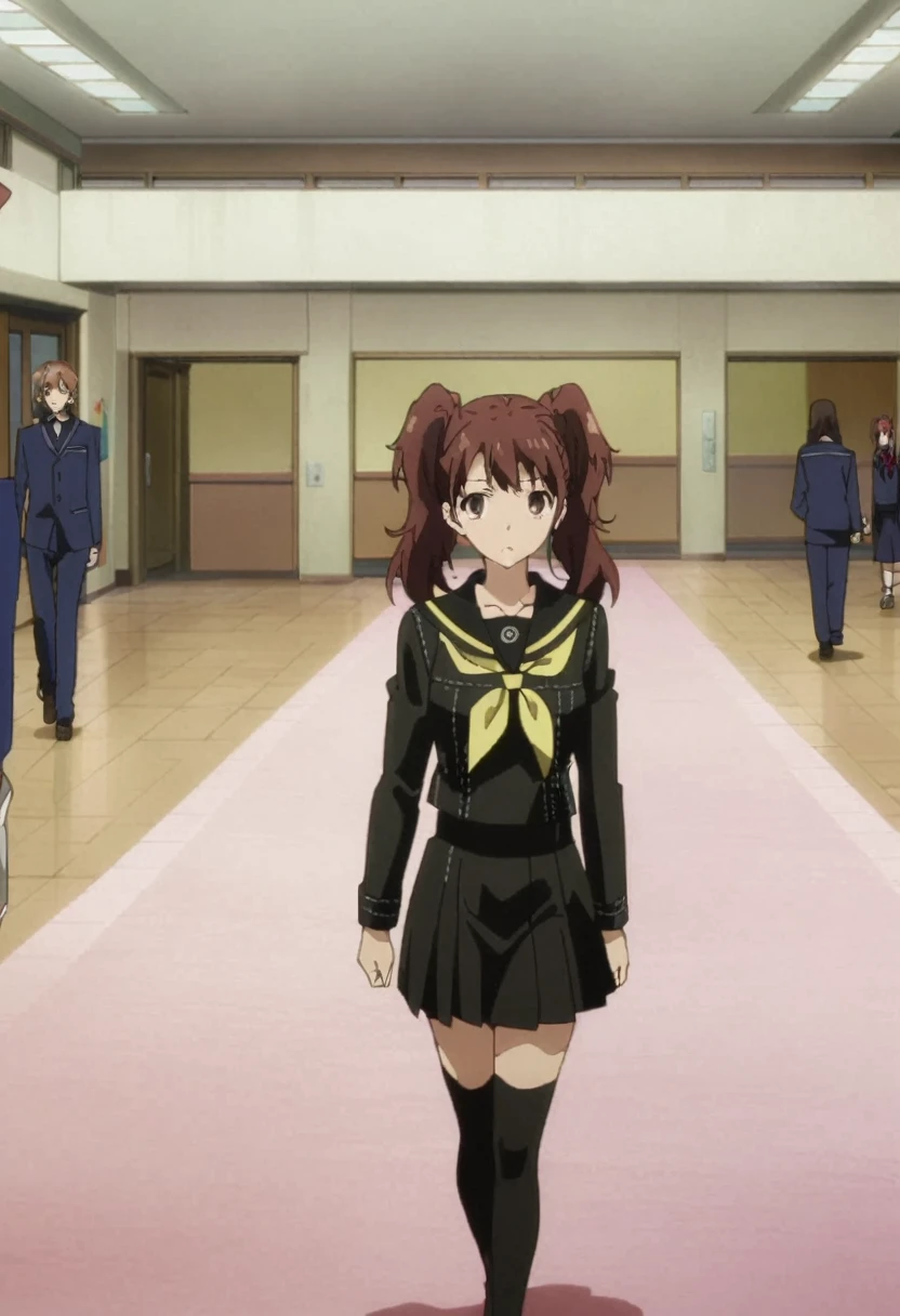 from front, upperbody,dsrise, brown hair, long hair, twintails, brown eyes, yasogami , serafuku, black thighhighs, 1girl, solo ,standing, school hallway, cinematic, anime screencap, official art, masterpiece, best quality,studio anime,walking,