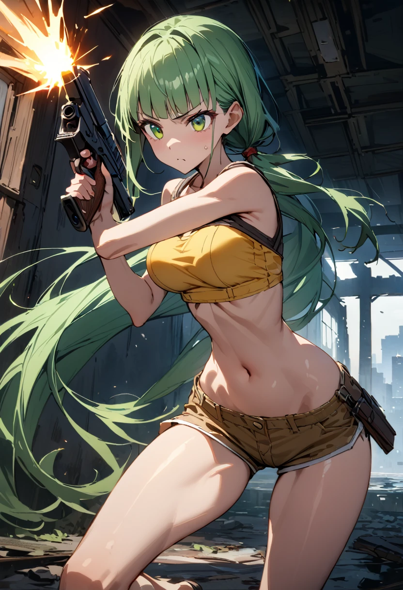 Action Scenes、((masterpiece,Highest quality:1.3)),cowboy shot,1woman,30 year old beauty、Investigator、独奏,(very small head:1.3),green hair,(low ponytail),long hair,blunt bangs,green eyes,gorgeous eyes,Serious expression、medium breasts,(very long body:1.2),(toned body,slender body,skinny),gleaming skin,shiny skin,oily skin,Yellow tube top shirt、navel、Yellow micro shorts、A precisely rendered handgun in one hand、((Shoot a gun、Firing stance)),Run、Tracking、Inside an abandoned building、World of Blade Runner、