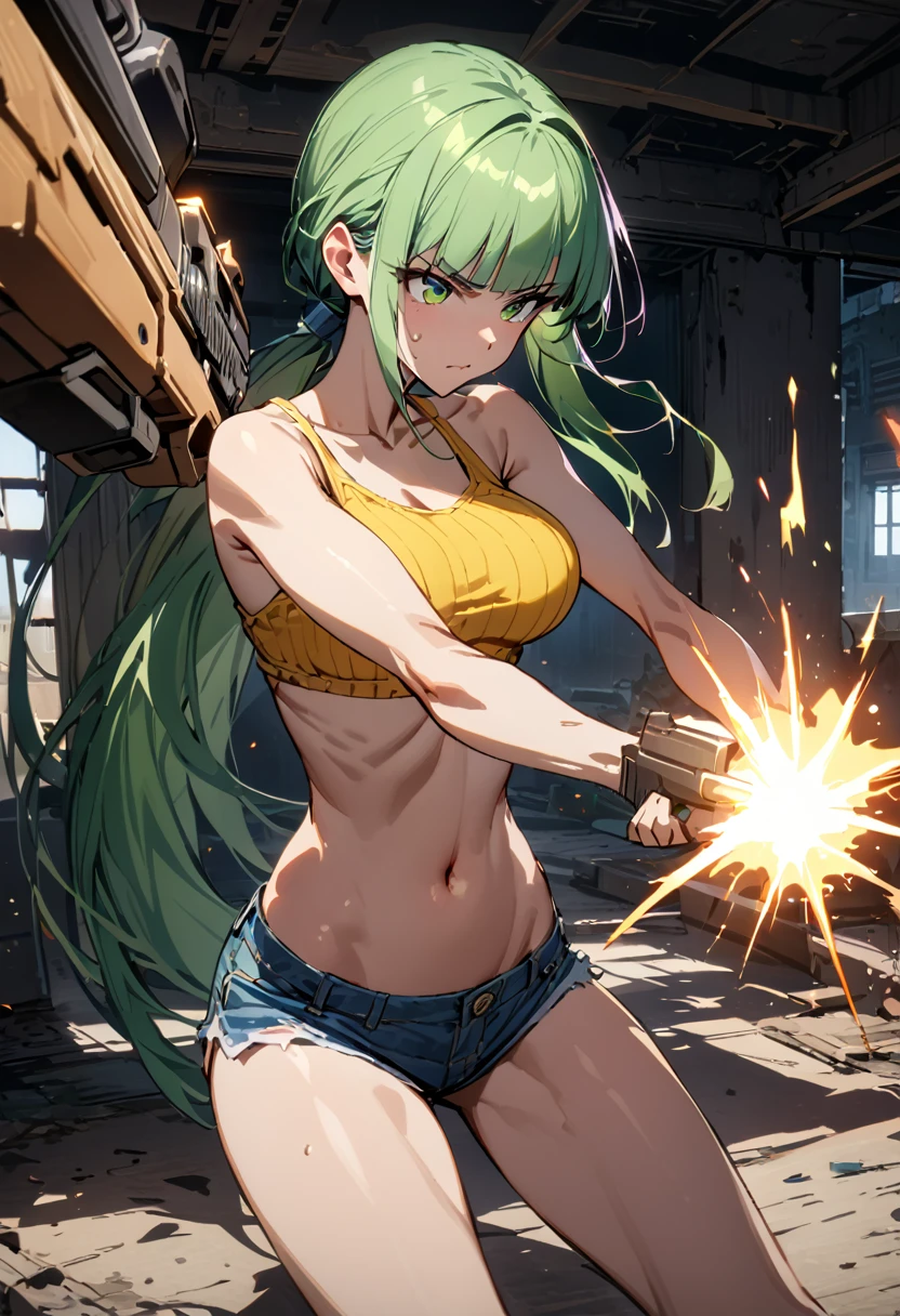 Action Scenes、((masterpiece,Highest quality:1.3)),cowboy shot,1woman,30 year old beauty、Investigator、独奏,(very small head:1.3),green hair,(low ponytail),long hair,blunt bangs,green eyes,gorgeous eyes,Serious expression、medium breasts,(very long body:1.2),(toned body,slender body,skinny),gleaming skin,shiny skin,oily skin,Yellow tube top shirt、navel、Yellow micro shorts、A precisely rendered handgun in one hand、((Shoot a gun、Firing stance)),Run、Tracking、Inside an abandoned building、World of Blade Runner、