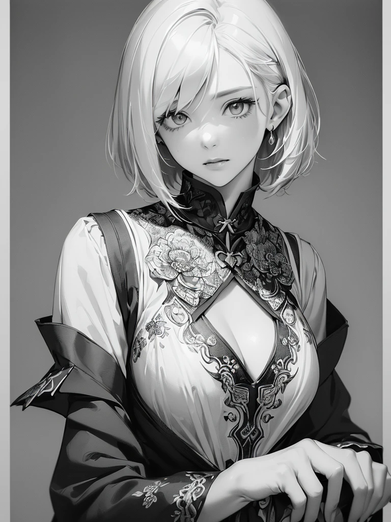 ((monochrome))(Image from chest up:1.4)((masterpiece:1.5,Highest quality,Highly detailed images,Beautiful images、Realistic、sketch、2.5D、Ink Painting、Portraiture))(One girl, solo)(Medium chest, White Hair、Bob Hair)(横顔のPortraiture,direct one&#39;s gaze to the front、Please look away from here、incline one's head to the side、Sad look, Floating Hair)(Plain background)From the side
