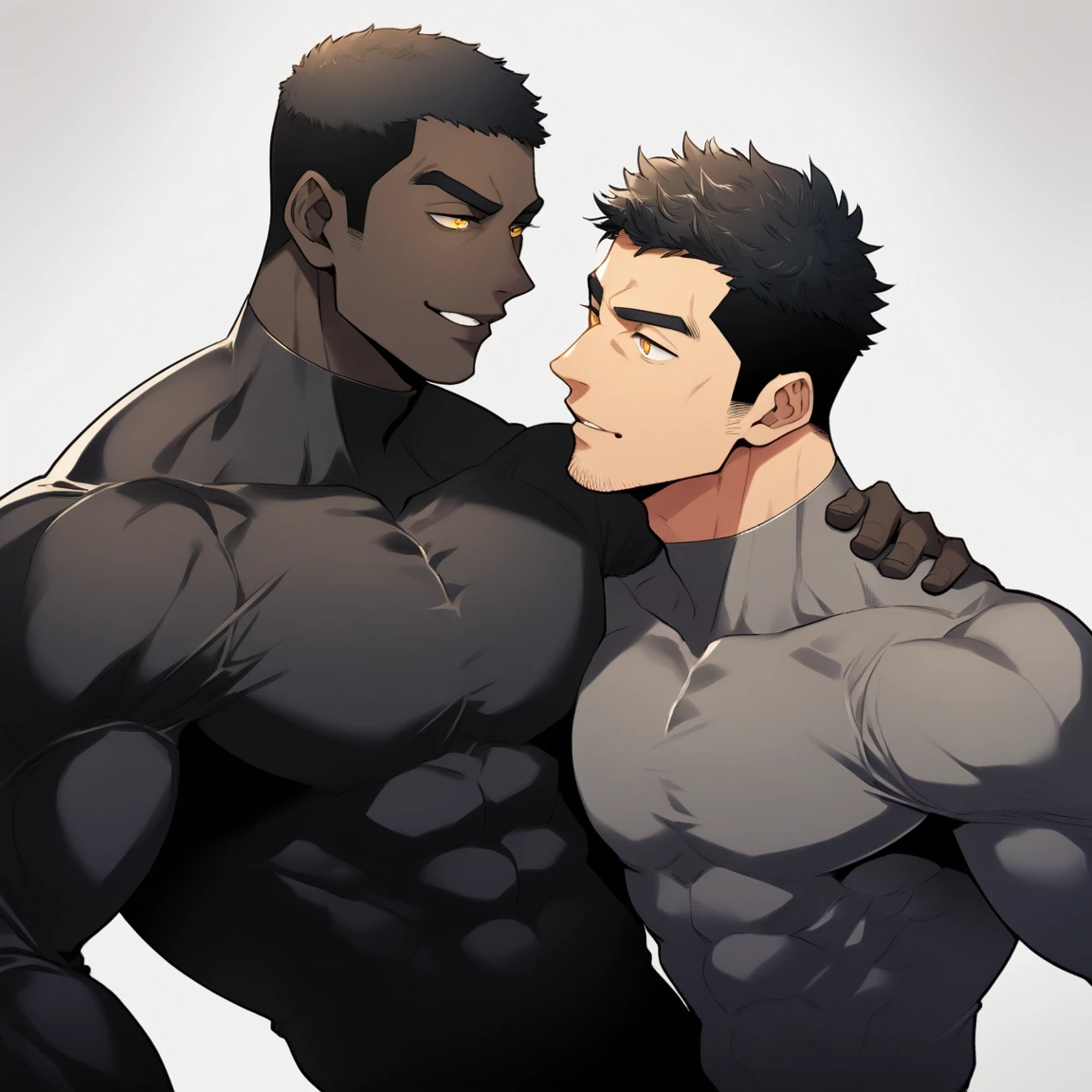 anime characters:Two superheroes in tights, Muscle superhero, negro black skin, They hugged and kissed each other, Bite your neck, Caress, Manliness, male focus, Yellow and black high collar long sleeve tight T-shirt, Slightly transparent material, Very tight, Round, full and perky chest muscles, Muscle waist, Slightly transparent, muscular male, muscular, only, Upper body, alone, Black short hair, Thick eyebrows, stubble, Yellow eyes, Grey background, simple background, amazing quality, best aesthetics, Ridiculous, bright pupils, crew cut, parted lips, seductive smile, torogao, naughty face, drop shadow, best quality