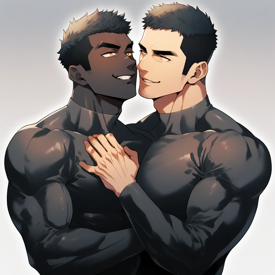 anime characters：Two superheroes in tights, Muscle superhero, negro black skin, They hugged and kissed each other, Bite your neck, Caress, Manliness, male focus, Yellow and black high collar long sleeve tight T-shirt, Slightly transparent material, Very tight, Round, full and perky chest muscles, Muscle waist, Slightly transparent, muscular male, muscular, only, Upper body, alone, Black short hair, Thick eyebrows, stubble, Yellow eyes, Grey background, simple background, amazing quality, best aesthetics, Ridiculous, bright pupils, crew cut, parted lips, seductive smile, torogao, naughty face, drop shadow, best quality