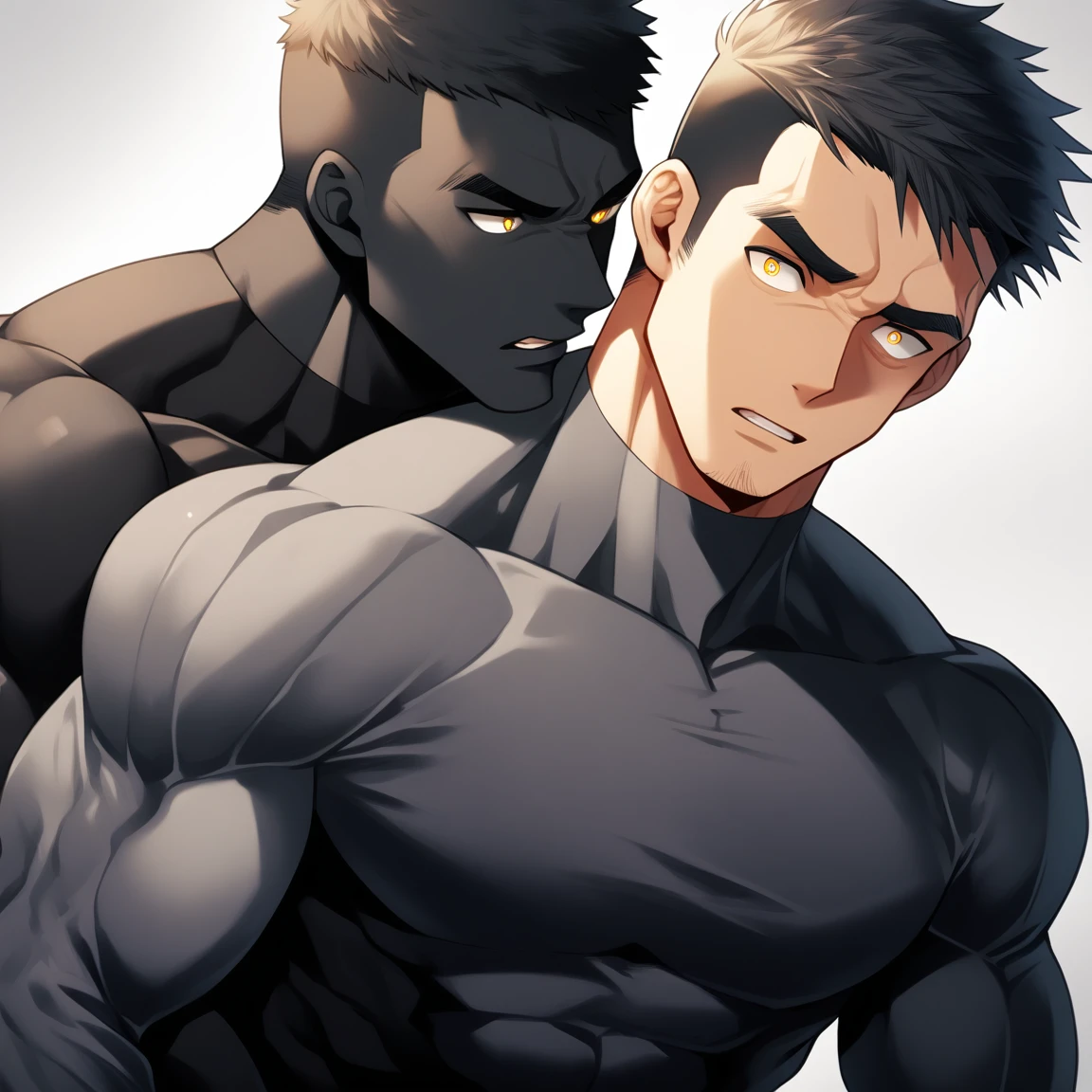 aanime characters:Two superheroes in tights, Muscle superhero, Black Short Hair, negro black skin, They hugged and kissed each other, Bite your neck, Caress, Manliness, male focus, Yellow and black high collar long sleeve tight T-shirt, Slightly transparent material, Very tight, Round, full and perky chest muscles, Muscle waist, Slightly transparent, muscular male, muscular, only, Upper body, alone, Black Short Hair, Thick eyebrows, stubble, Yellow eyes, Grey background, simple background, amazing quality, best aesthetics, Ridiculous, bright pupils, crew cut, parted lips, heavy breathing, pain, horrified, drop shadow, best quality