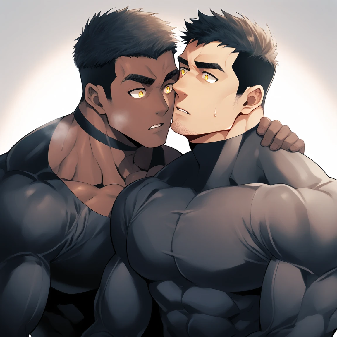 aanime characters:Two superheroes in tights, Muscle superhero, Black Short Hair, negro black skin, They hugged and kissed each other, Bite your neck, Caress, Manliness, male focus, Yellow and black high collar long sleeve tight T-shirt, Slightly transparent material, Very tight, Round, full and perky chest muscles, Muscle waist, Slightly transparent, muscular male, muscular, only, Upper body, alone, Black Short Hair, Thick eyebrows, stubble, Yellow eyes, Grey background, simple background, amazing quality, best aesthetics, Ridiculous, bright pupils, crew cut, parted lips, heavy breathing, pain, horrified, drop shadow, best quality
