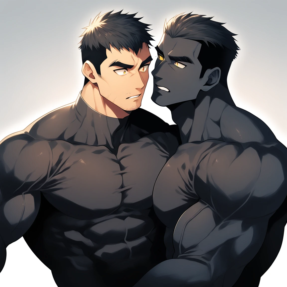 aanime characters：Two superheroes in tights, Muscle superhero, Black Short Hair, negro black skin, They hugged and kissed each other, Bite your neck, Caress, Manliness, male focus, Yellow and black high collar long sleeve tight T-shirt, Slightly transparent material, Very tight, Round, full and perky chest muscles, Muscle waist, Slightly transparent, muscular male, muscular, only, Upper body, alone, Black Short Hair, Thick eyebrows, stubble, Yellow eyes, Grey background, simple background, amazing quality, best aesthetics, Ridiculous, bright pupils, crew cut, parted lips, heavy breathing, pain, horrified, drop shadow, best quality