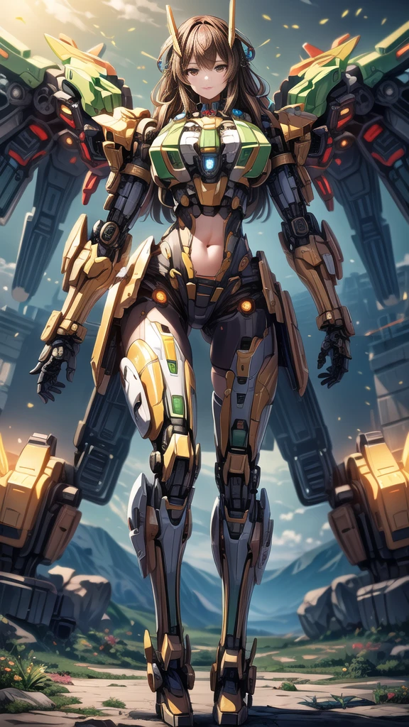 ((Masterpiece, Best Quality)), illustration, ultra-detailed 8K, realistic, clear focus, highly detailed, professional lighting, colorful details, rainbow colors BREAK factory super long shot, (1 large mechanical robot), microchip, computer, luminescence, intricate details, shitu-mecha, 1girl downscale standing in front of the viewer,green armor,wings,missile launcher on hand, navel
