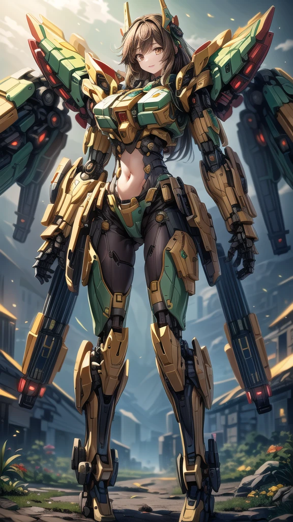 ((masterpiece)), (textured skin), ((high details)), best quality, award winning, 8k, beautiful woman, Mecha girl (green machine parts), (mechanical body:1.2), Armament made up of complex parts, android woman, dreadlocks, brown hair, Night sky, neon lights, megalopolis, rifle
