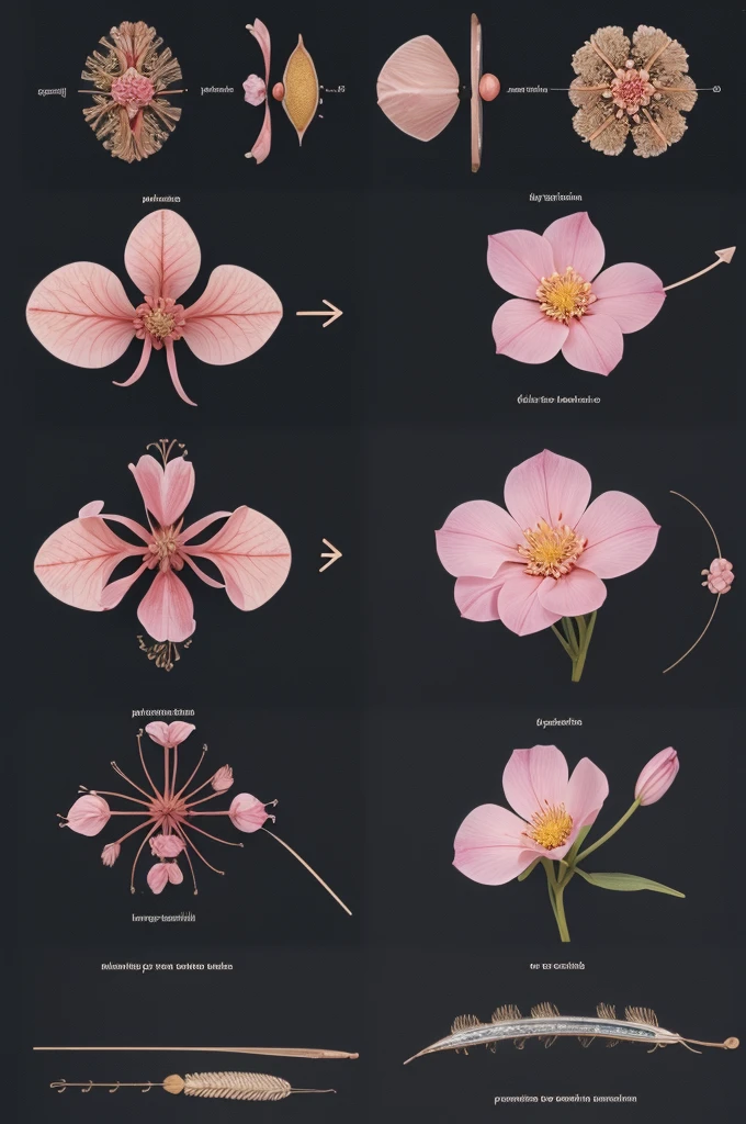 1. **sepals**: Location and function.
2. **petals**: Importance in reproduction.
3. **stamens**: Structure and role in pollen production.
4. **Carpelo**: Constituent parts (Stigma, stylus, ovary) and its functions.
5. **receptacle**: Location and function.
6. **Nectaries**: Importance for pollination.
7. **ovary**: Function in reproduction and transformation after fertilization.