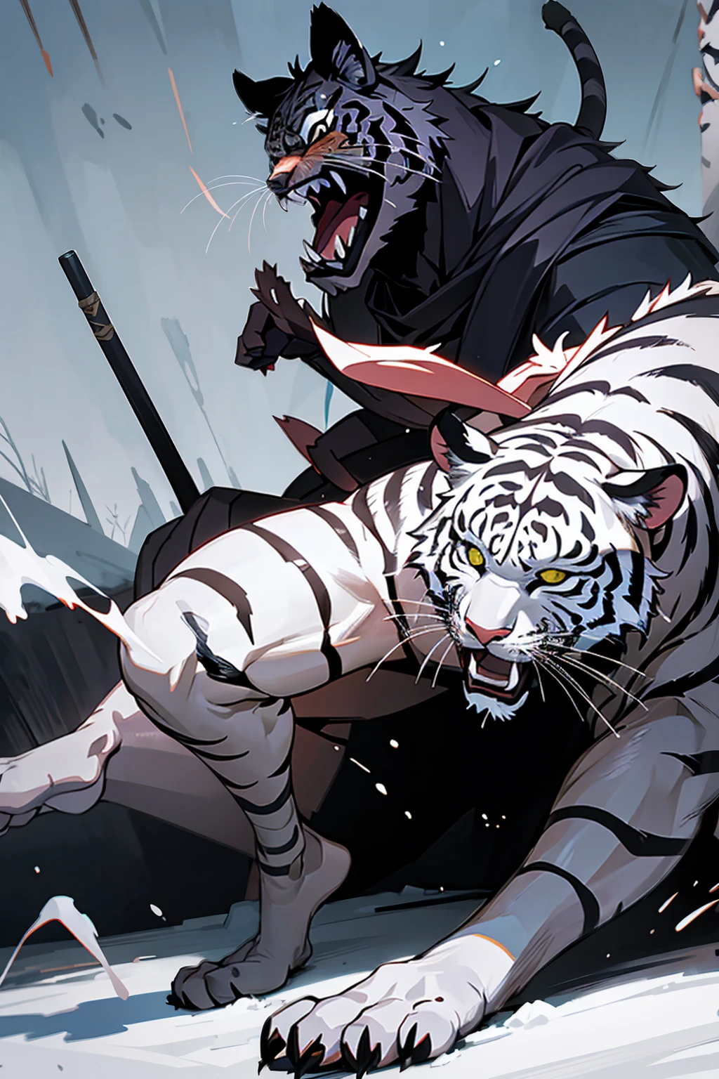 Tiger hybrid, worrior, blood hunter, dnd, fantasy, 2leg , 2hand, winter blackground