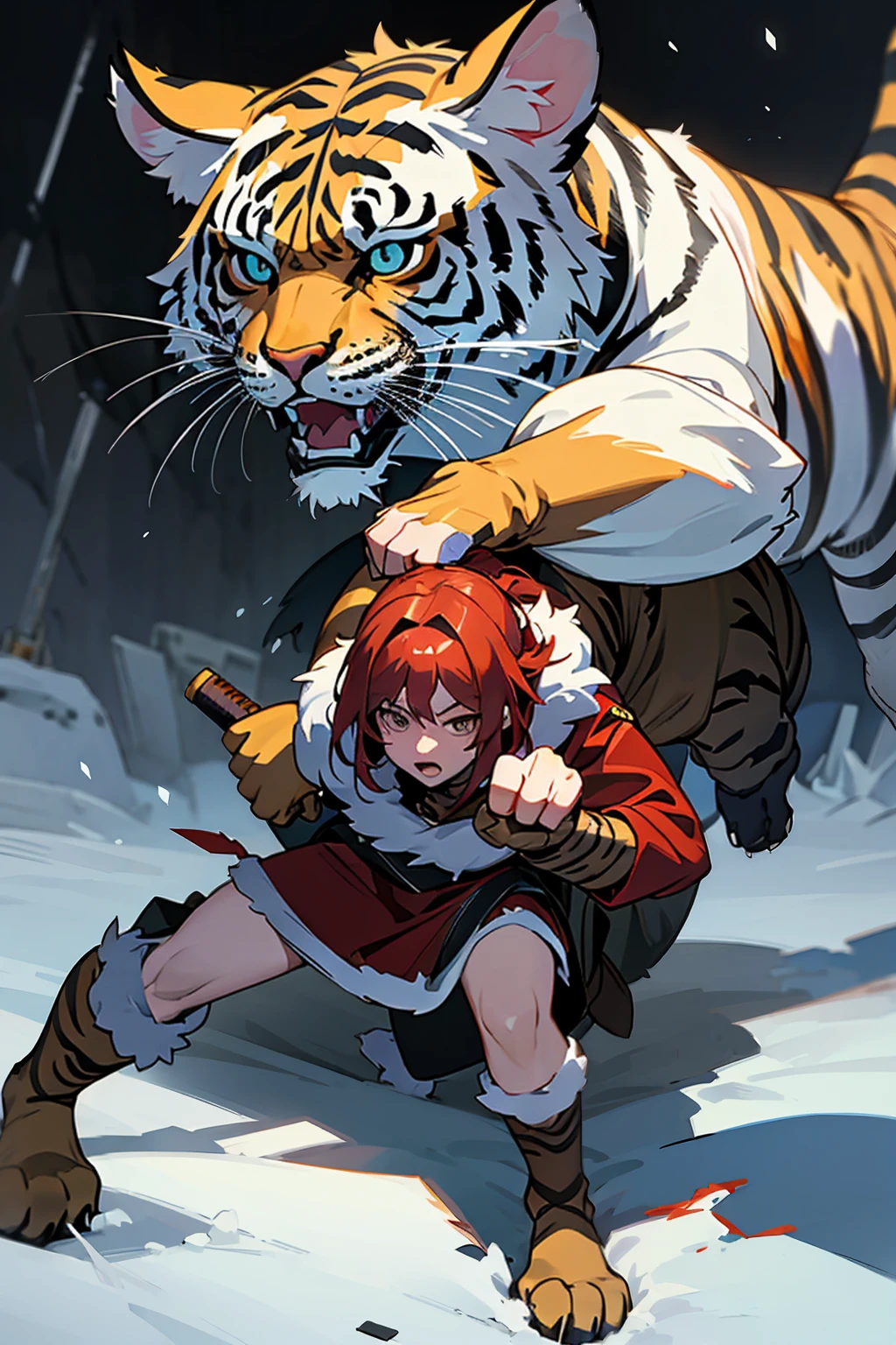 Tiger hybrid, worrior, blood hunter, dnd, fantasy, 2leg , 2hand, winter blackground