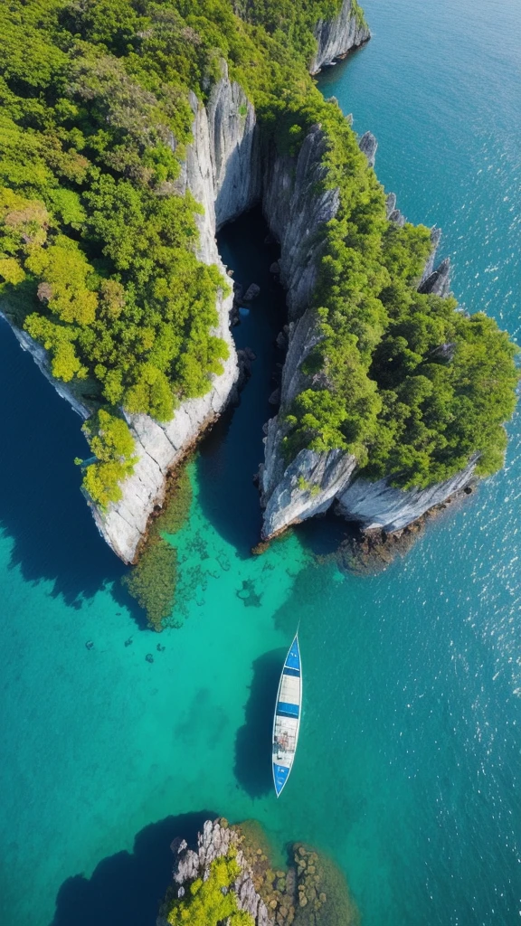 there is a boat that is traveling through the water near some rocks, epic matte painting of an island, flying rocky island, view from above on seascape, soaring over a lake in forest, scattered islands, natural landscape beauty, shot from a drone, 4k drone photography, drone photography, indonesia national geographic, “ aerial view of a mountain, archipelago