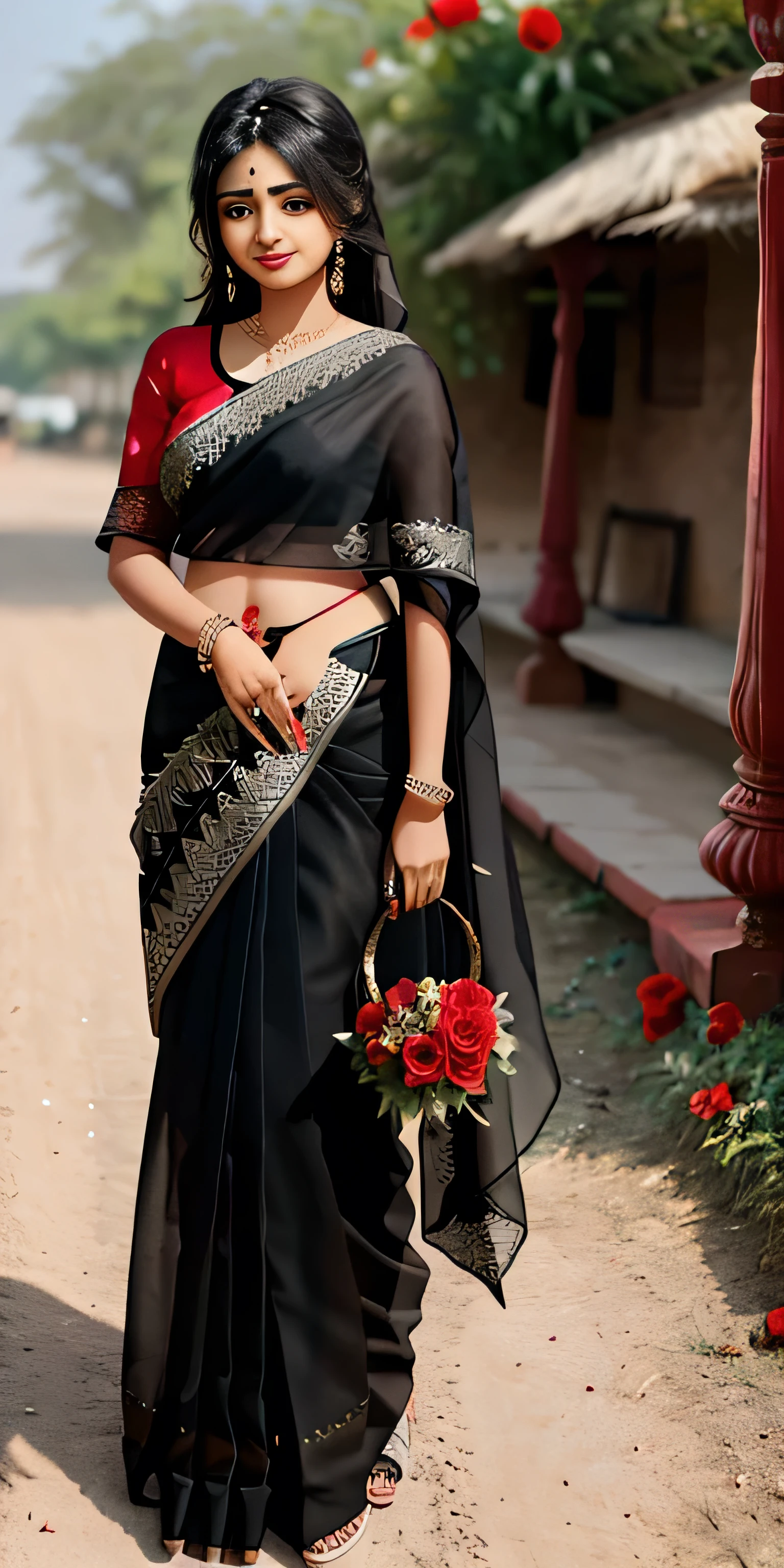 A Indian which are 16 year old and she is wearing a black saree and stand with red rose flower in happy mood 8 k emage and she is not too much beautiful she likes belong to village