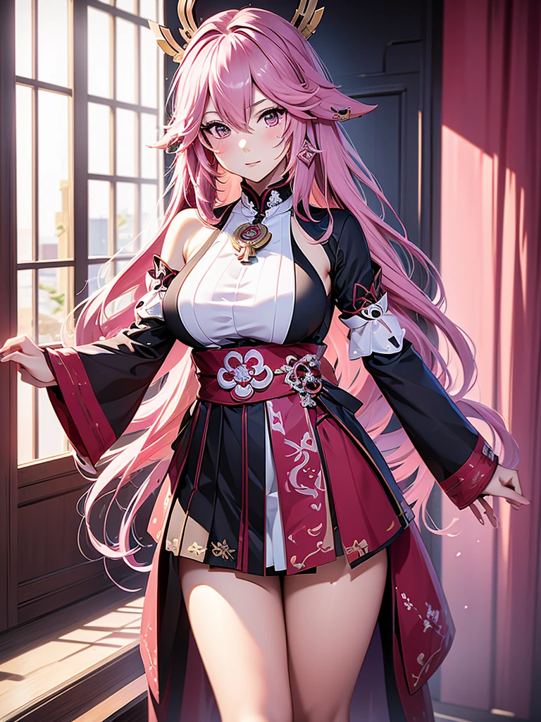 Yae miko from Genshin impact, 1woman, as a maid, wearing a maid outfit, in a mansion , pink colour hair, 8k, high detailed, high quality
