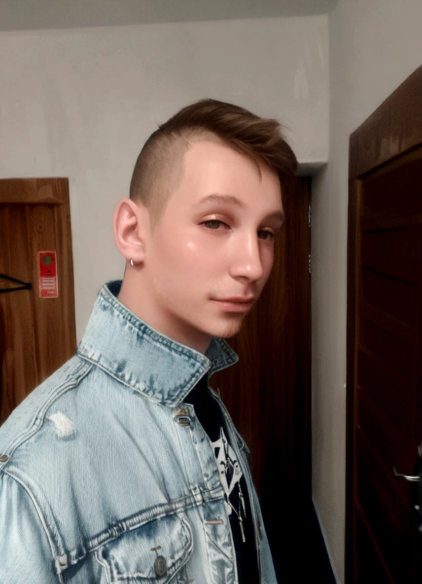 arafed man in a denim jacket and tie standing in a room, twitch streamer / gamer ludwig, around 1 9 , profile picture 1024px, daniil kudriavtsev, patryk hardziej, in style of kyrill kotashev, jakub rebelka, kacper niepokolczycki