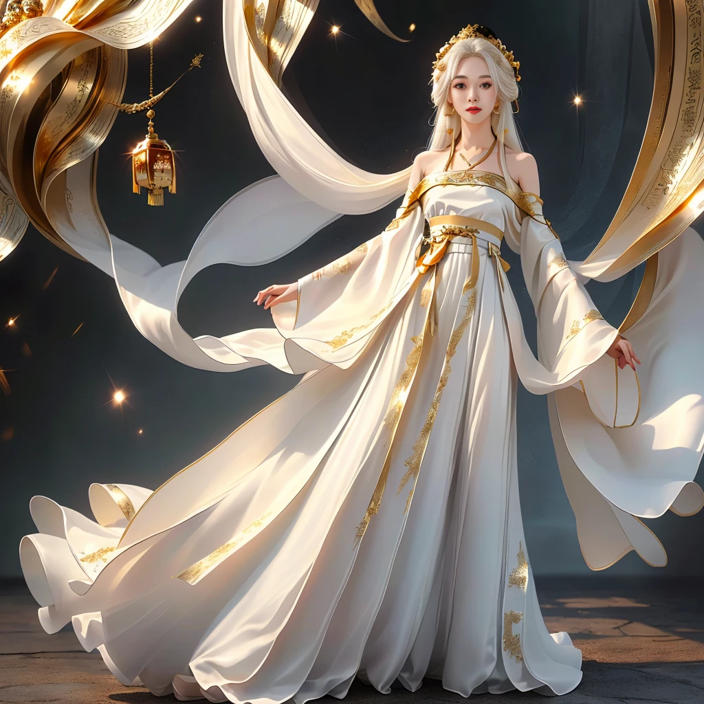 Girl in traditional Chinese clothing, Hanfu, Guzhen Hanfu women, gold Hanfu,(long straight white hair:1.5), black eyes, black bun hairstyle, hair accessories ,white diamond earrings, Bangle Diameter, Dia Necklace, Clear eyes, Facing forward,put on makeup, Long eyelashes ,(gold long shoulder coat:1.5), (Very long skirt, white:1.5), ((Whole body)), ((from below)), Clear face, , (Very beautiful face, Beautiful mouth, beautiful eyes), detailed face, ((Ultra-fine skin)), In the dark, deep shadows, an ancient Chinese girl (Very slim figure 1.3) ,Plump breasts, elegant posture ,(palace in the sky:1.5),