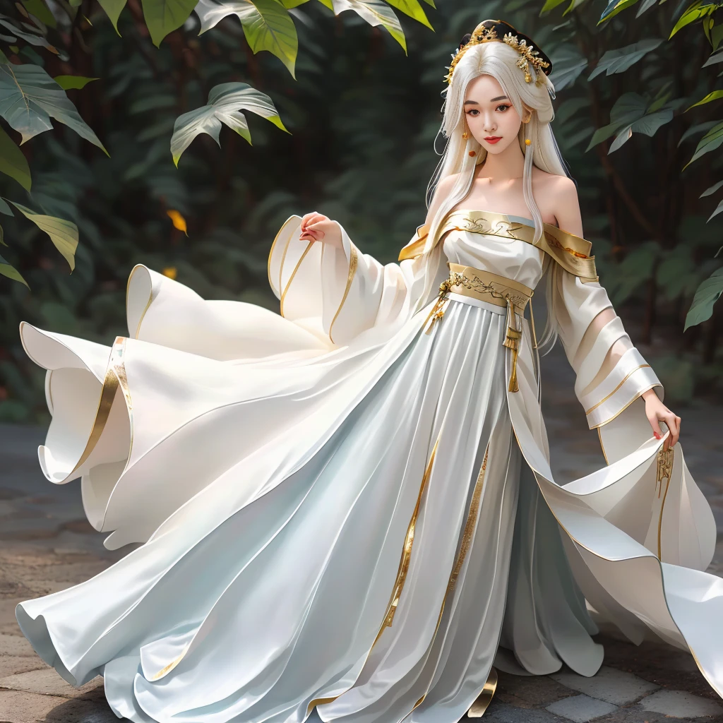 Girl in traditional Chinese clothing, Hanfu, Guzhen Hanfu women, gold Hanfu,(long straight white hair:1.5), black eyes, black bun hairstyle, hair accessories ,white diamond earrings, Bangle Diameter, Dia Necklace, Clear eyes, Facing forward,put on makeup, Long eyelashes ,(gold long shoulder coat:1.5), (Very long skirt, white:1.5), ((Whole body)), ((from below)), Clear face, , (Very beautiful face, Beautiful mouth, beautiful eyes), detailed face, ((Ultra-fine skin)), In the dark, deep shadows, an ancient Chinese girl (Very slim figure 1.3) ,Plump breasts, elegant posture ,(palace in the sky:1.5),