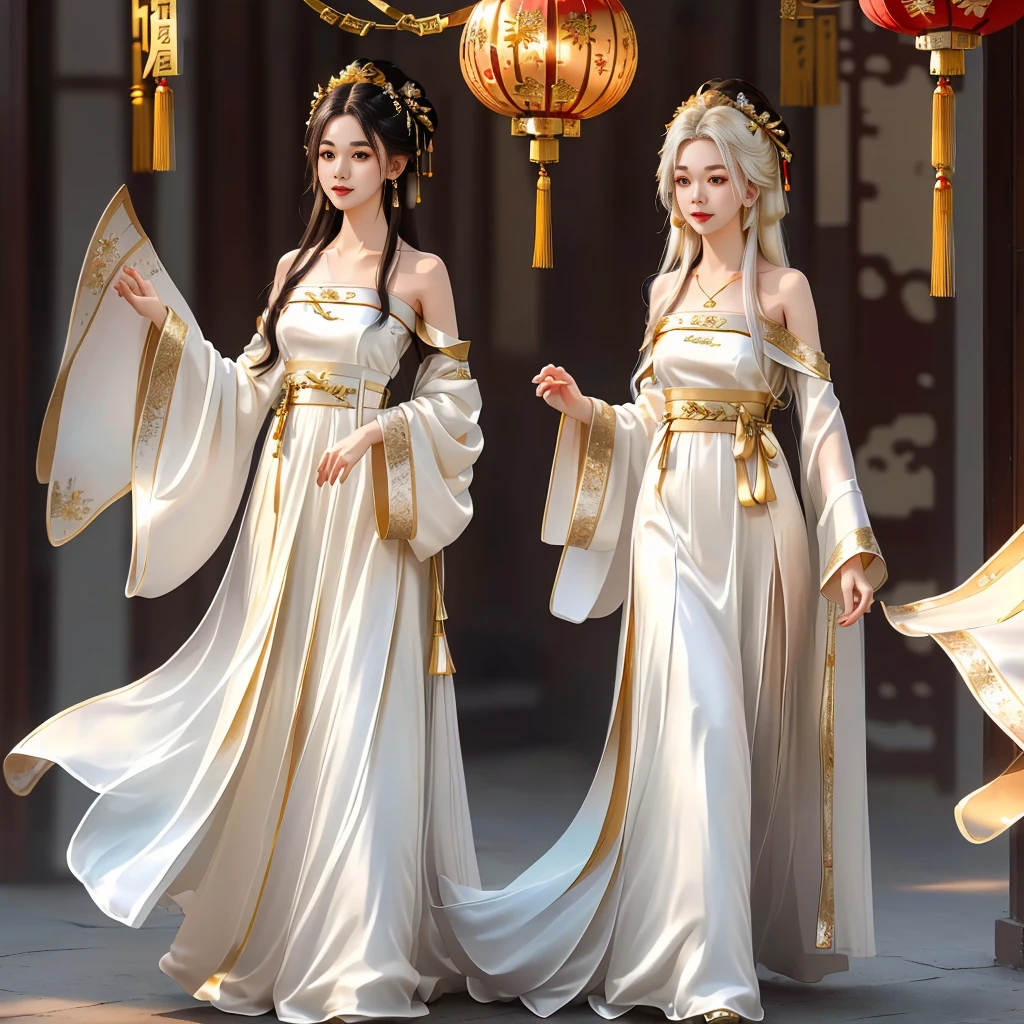 Girl in traditional Chinese clothing, Hanfu, Guzhen Hanfu women, gold Hanfu,(long straight white hair:1.5), black eyes, black bun hairstyle, hair accessories ,white diamond earrings, Bangle Diameter, Dia Necklace, Clear eyes, Facing forward,put on makeup, Long eyelashes ,(gold long shoulder coat:1.5), (Very long skirt, white:1.5), ((Whole body)), ((from below)), Clear face, , (Very beautiful face, Beautiful mouth, beautiful eyes), detailed face, ((Ultra-fine skin)), In the dark, deep shadows, an ancient Chinese girl (Very slim figure 1.3) ,Plump breasts, elegant posture ,(palace in the sky:1.5),