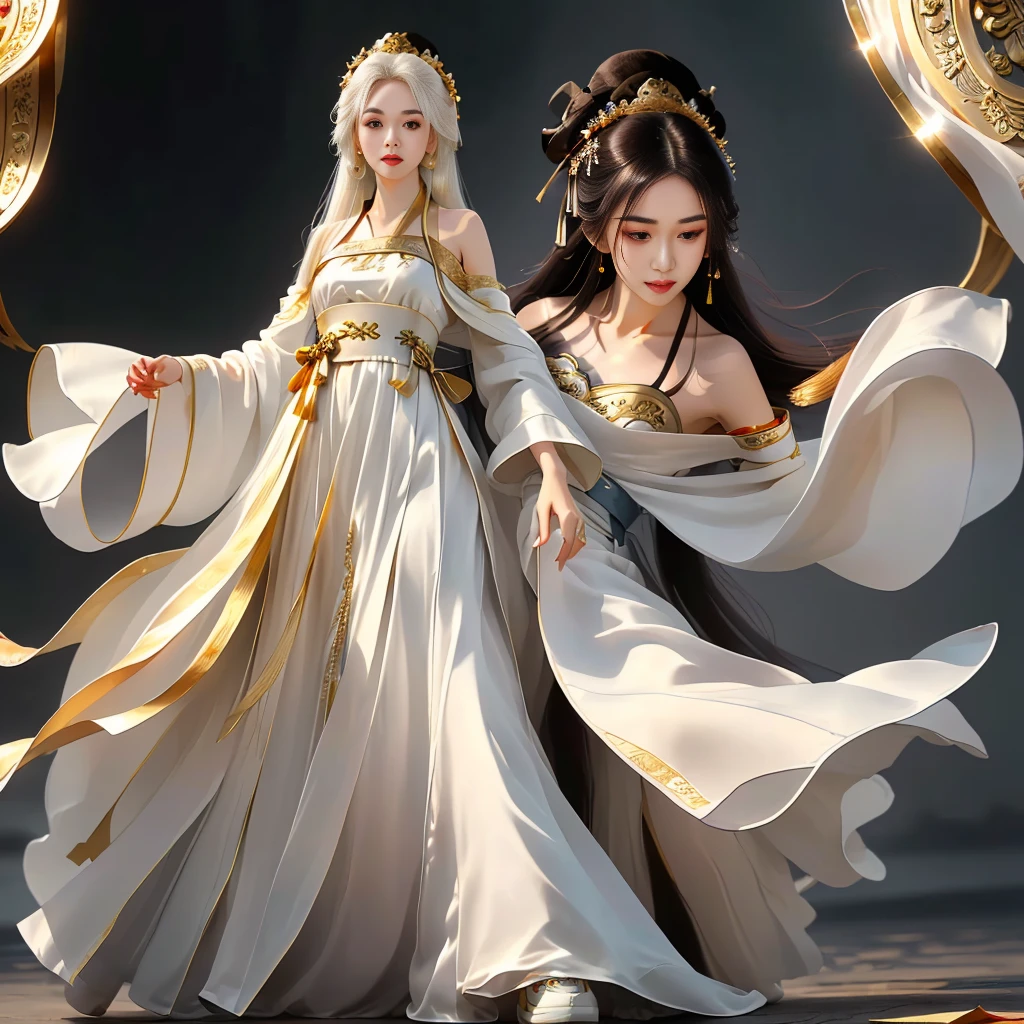 Girl in traditional Chinese clothing, Hanfu, Guzhen Hanfu women, gold Hanfu,(long straight white hair:1.5), black eyes, black bun hairstyle, hair accessories ,white diamond earrings, Bangle Diameter, Dia Necklace, Clear eyes, Facing forward,put on makeup, Long eyelashes ,(gold long shoulder coat:1.5), (Very long skirt, white:1.5), ((Whole body)), ((from below)), Clear face, , (Very beautiful face, Beautiful mouth, beautiful eyes), detailed face, ((Ultra-fine skin)), In the dark, deep shadows, an ancient Chinese girl (Very slim figure 1.3) ,Plump breasts, elegant posture ,(palace in the sky:1.5),