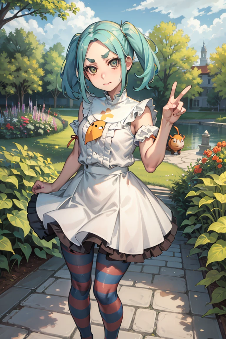 1 girl, standing alone, gazing at viewer,
ononokiyotsugi, water hair, shorth hair, olhos inerdes, twintails, Thick eyebrows, 
striped pantyhose, blue and gray pantyhose, inestir, orange inestir, throat of a branch turtle, white frills, ha, puff sleeves, manga curta, 
Garden, árinores, close up,
in, peace sign, 
inexpressiino, cloused mouth,