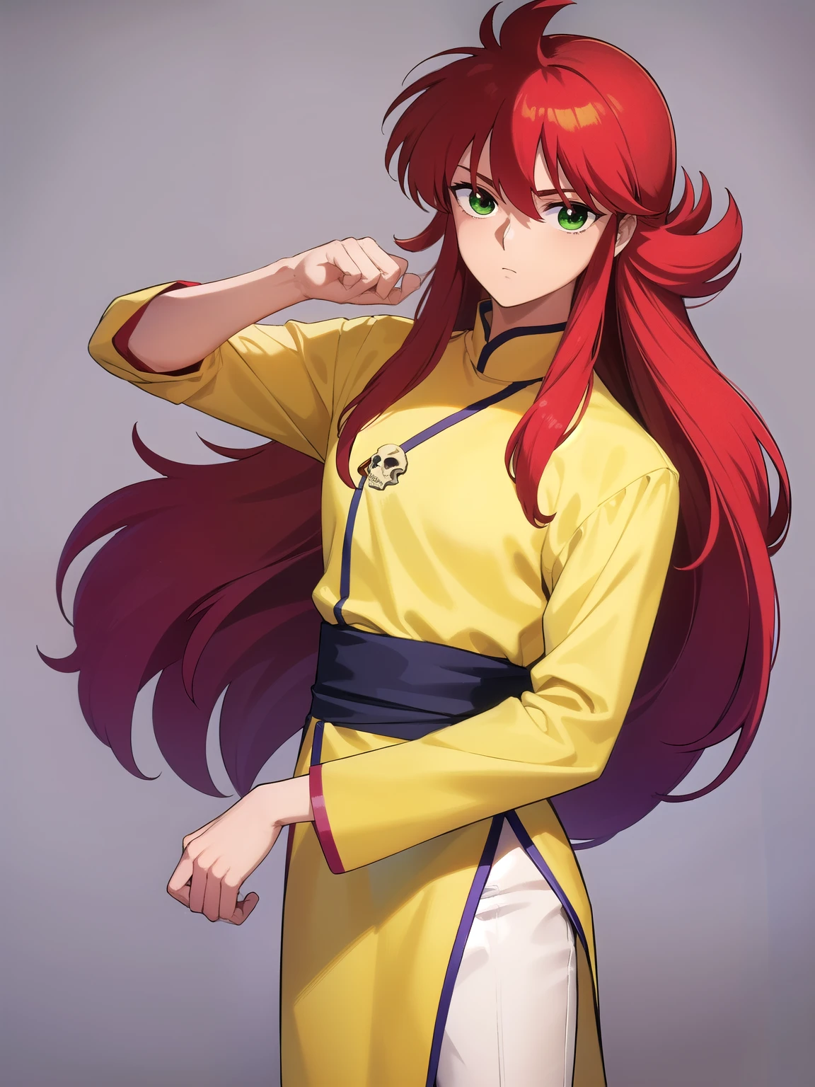 kurama, kurama, long hair, red hair, bangs, (green eyes:1.5), (retro artstyle:1.5), 1990s \(style\),
BREAK long sleeves, pants, chinese clothes, white pants, (yellow shirt:1.5), (white sleeves:1.5), (pelvic curtain:1.2), sash, sleeveless shirt, (((skull background)))
BREAK looking at viewer, cowboy shot,
BREAK (masterpiece:1.2), best quality, high resolution, unity 8k wallpaper, (illustration:0.8), (beautiful detailed eyes:1.6), extremely detailed face, perfect lighting, extremely detailed CG, (perfect hands, perfect anatomy),