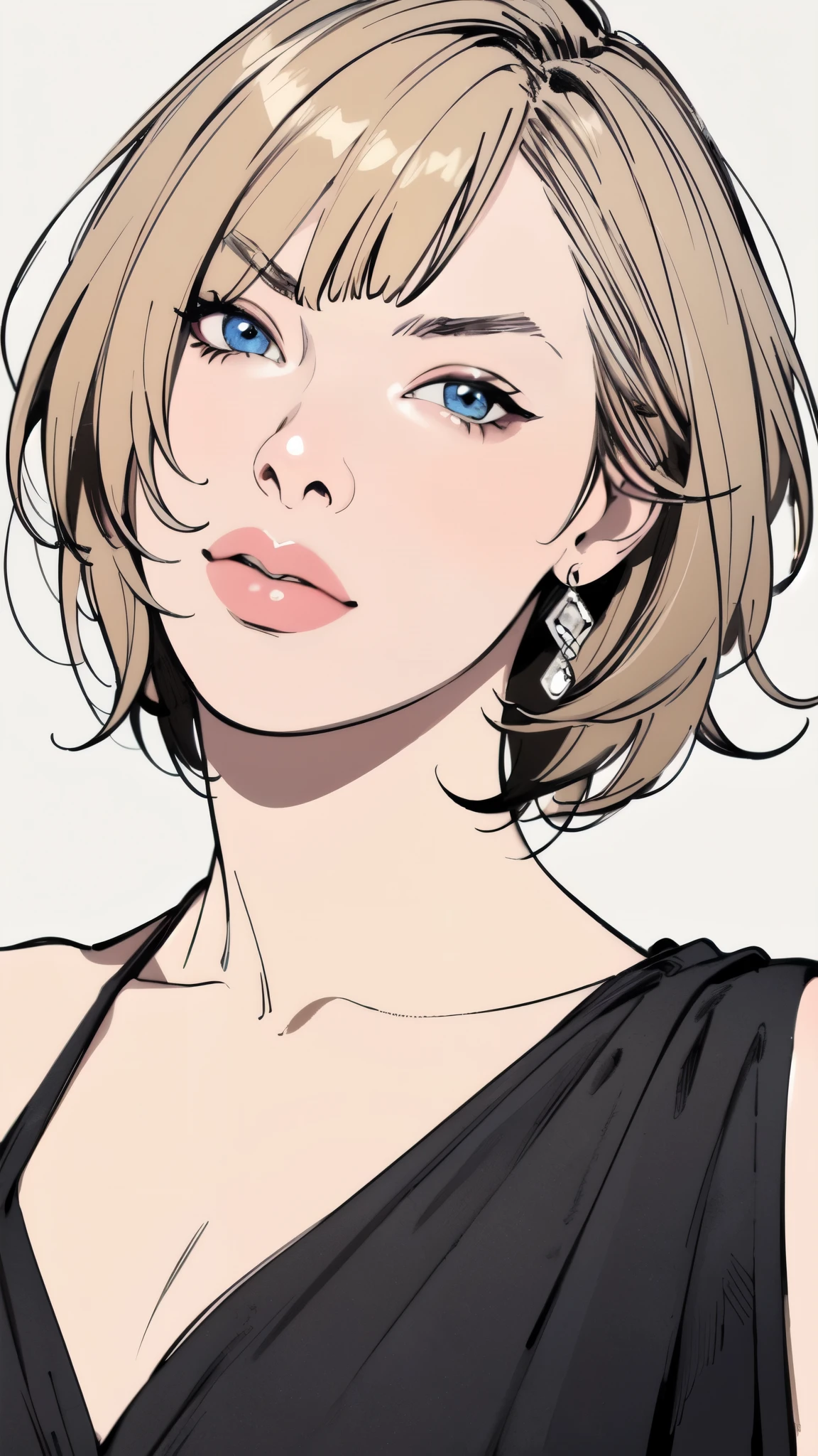 (masterpiece:1.2, Highest quality),8K,wallpaper,(An illustration),(Milla Jovovich), Upper body close-up,front,short hair,Wearing a black dress,Perfect Eyes,Detailed face,,Sexy expression,Cool woman,blonde