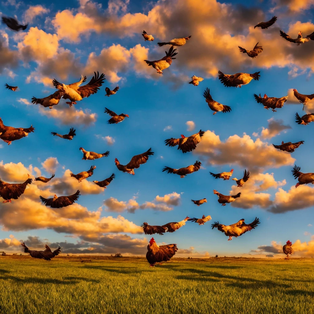 1 flock of chickens flying in the sky, realistic, highly detailed, 4k, 8k, ultra-detailed, hyperrealistic, photorealistic, dramatic lighting, warm color palette, vibrant colors, depth of field, intricate feather details, dynamic motion blur, cinematic composition, dramatic atmosphere, masterpiece