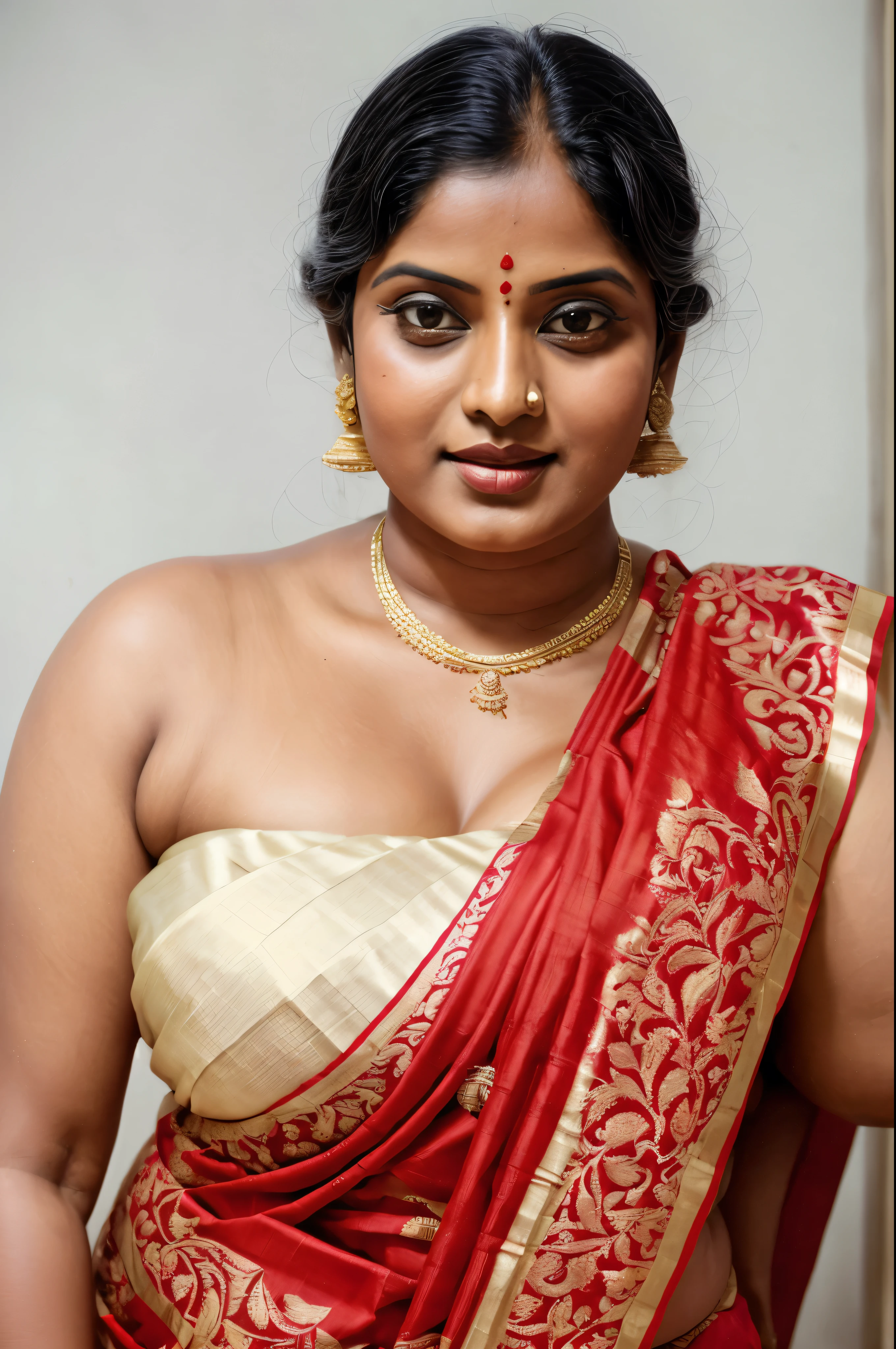 An Extremely gorgeous and beautiful Bengali village woman, 45 yo, pale white skin, sensual appealing body, perfect thick and chubby Beauty, wearing saree bare-chested, curvy, sexy navel folds, fleshy figure, Bengali village style saree, wearing a Bengali-style saree without a blouse,, ethnic vintage bengali village woman, bengali style saree, The sari was worn without a blouse and petticoat before the British Raj, baring one's chest or being blouseless, simple village ornaments, Bengalis a.k.a. Bongs are known for their unique Bengali fashion sense (the way they don that sari makes you go wow), Pre British Raj, Pre colonial era, Bengali Woman draping sari without blouse is a normal thing in pre British Era, bong woman, fine Art photography, artistic photography, sensually appealing, award winning photography, ethnic traditional beauty,