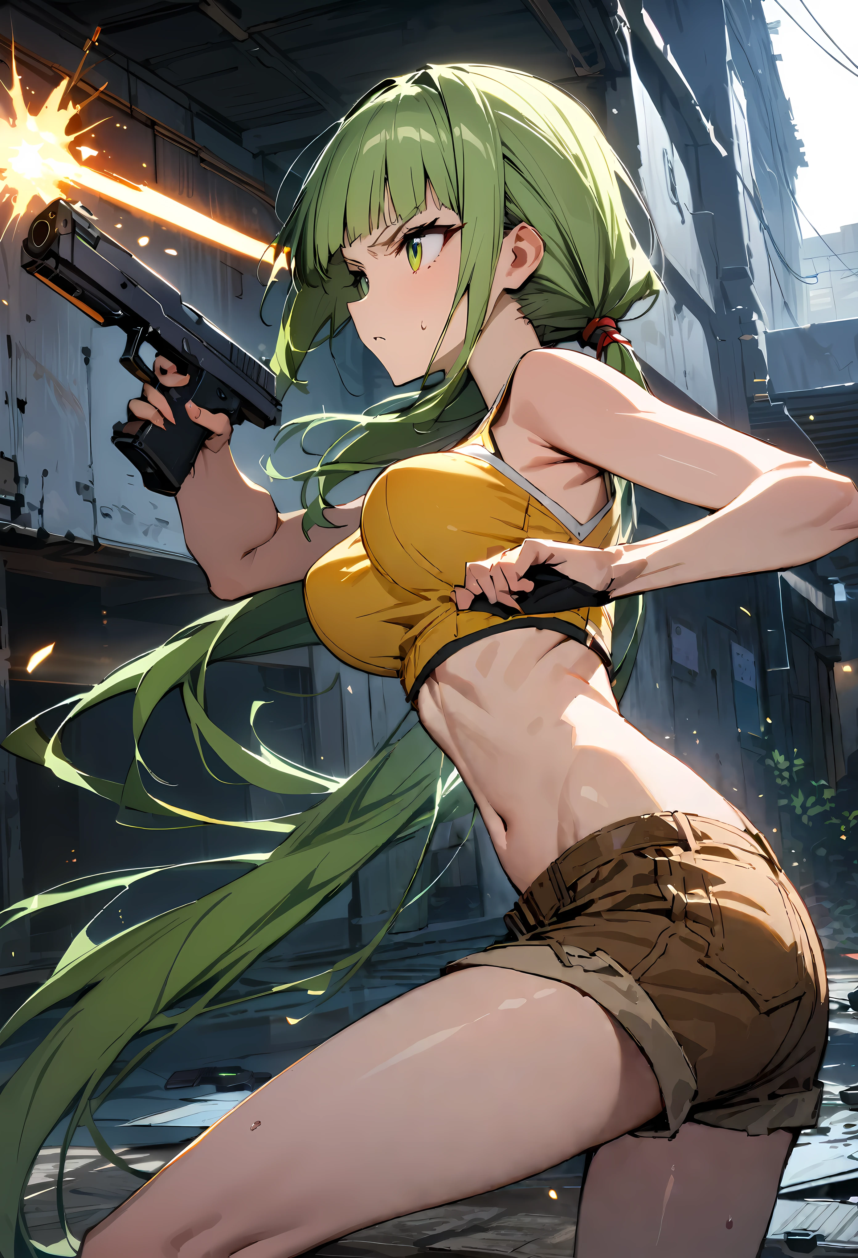 Action Scenes、((masterpiece,Highest quality:1.3)),cowboy shot,1woman,30 year old beauty、Investigator、solo,(very small head:1.3),green hair,(low ponytail),long hair,blunt bangs,green eyes,gorgeous eyes,Serious expression、medium breasts,(very long body:1.2),(toned body,slender body,skinny),gleaming skin,shiny skin,oily skin,Yellow tube top shirt、navel、Yellow micro shorts、A precisely rendered handgun in one hand、((Shoot a gun、Firing stance)),run、Tracking、Inside an abandoned building、World of Blade runner、