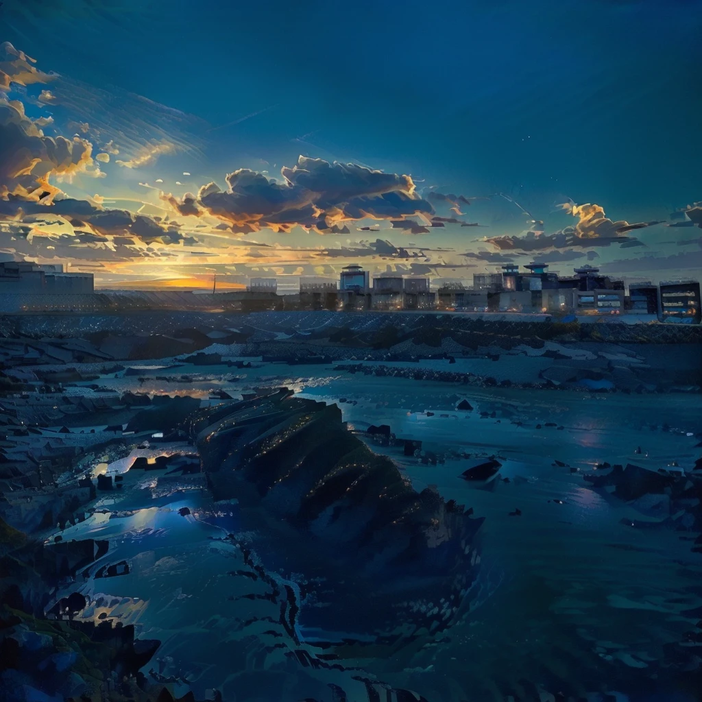 (Highest quality:1.2,Vector art:1.1,鮮やかなcolor彩,beach,Rocky area,Arabian style view of a bridge over a body of water with the city in the background, golden and Blue Hour, Sigma 2.Shot at f1.0mm. 4, Blue Hour, Photo taken with Sony a7r, golden hour in tokyo, photography shot at Blue Hour, Blue Hour photography, color ( Sony a 7 r iv, Sunset)