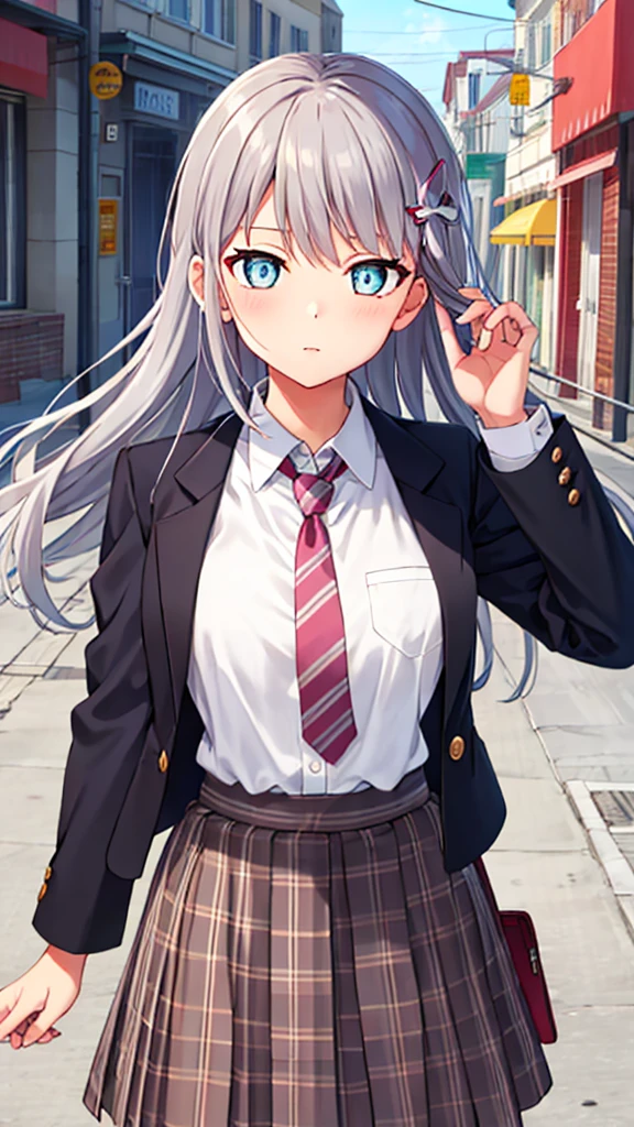 {{{masterpiece}}}, {{{best quality}}}, {{ultra-detailed}}, {illustration}, {{an extremely delicate and beautiful}}, (beautiful detailed eyes:1.6), extremely detailed face, 8k, anime face, minato yukina(bang dream), minato_yukina_bangdream, cute face, long hair, grey hair, sidelocks, bangs, yellow eyes, medium breasts, thin waist, big hips, curvaceous, {Haoka Girls' School Uniform(Winter clothes)},  {school uniform}, collared shirt, {{{grey jacket}}},  jacket, long sleeves, necktie, plaid, plaid skirt, pleated skirt, shirt, skirt, white shirt, blue skirt