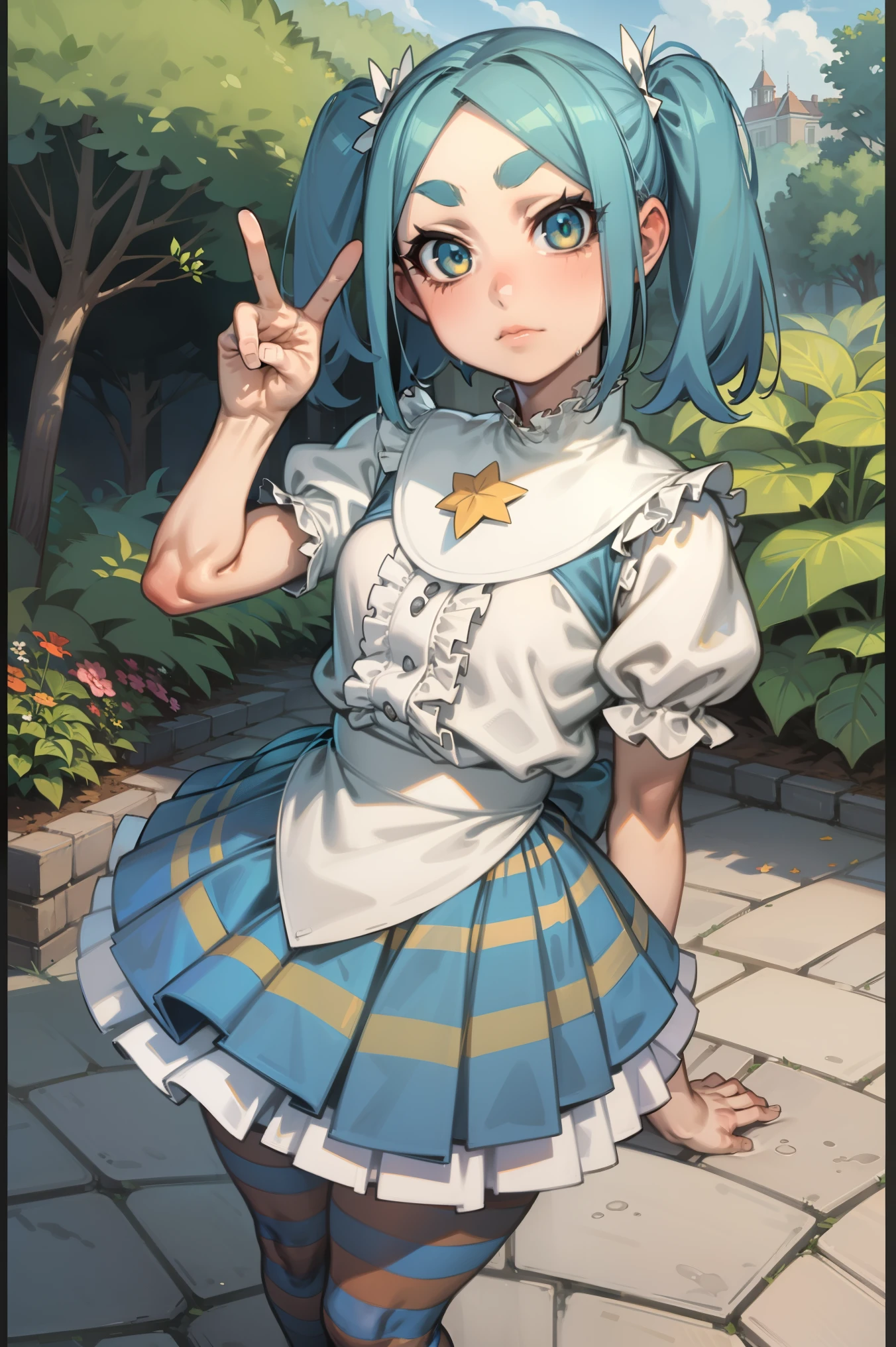 1 girl, standing alone, gazing at viewer,
ononokiyotsugi, water hair, shorth hair, olhos inerdes, twintails, Thick eyebrows, 
striped pantyhose, blue and gray pantyhose, inestir, orange inestir, throat of a branch turtle, white frills, ha, puff sleeves, manga curta, 
Garden, árinores, close up,
in, peace sign, 
inexpressiino, cloused mouth,