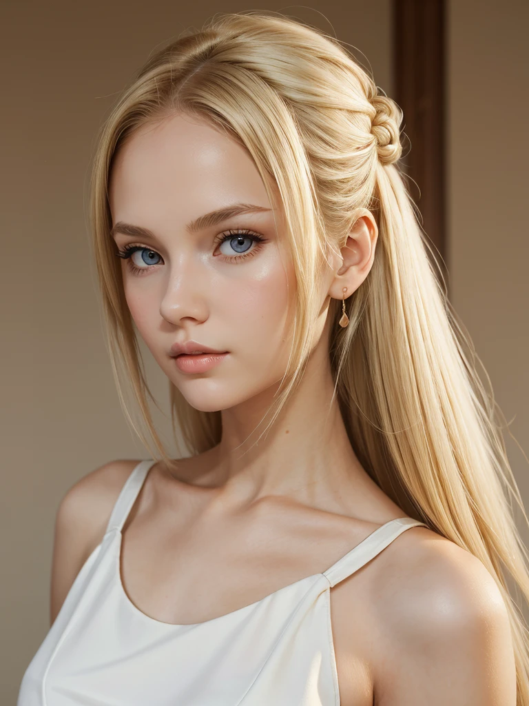 (best quality), 1girl, female, porcelain skin, blonde hair, straight hair, medium hair, elegant up-do, swoopy tips, Flipped-up ends, brown eyes, perfect eyes, slender, cute clothes, small bust, shy, masterpiece, anatomically correct, highres
