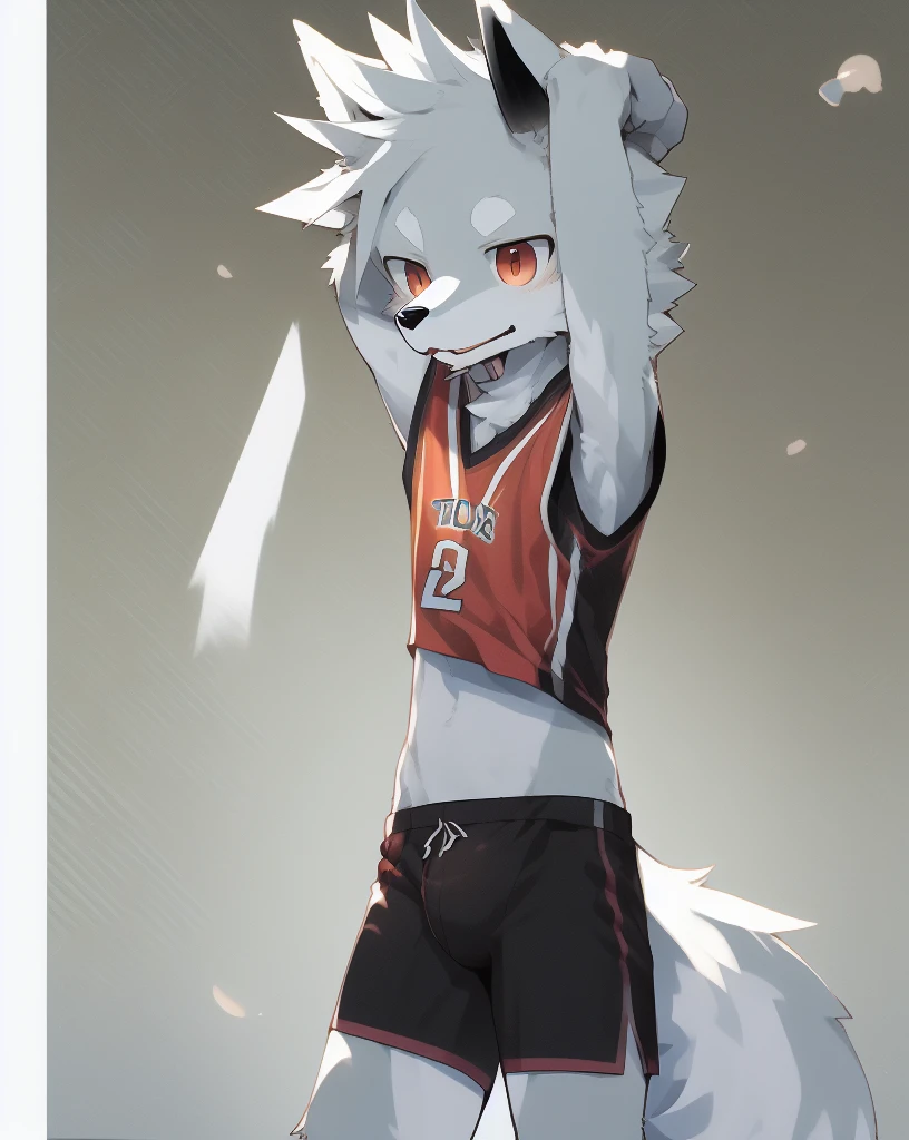 nj5furry, wolf, (white fur,white body:1.5), kemono, three-quarter portrait, anthro, male, horns, detailed, hi res, basketball uniform, young, slim, bulge under shorts