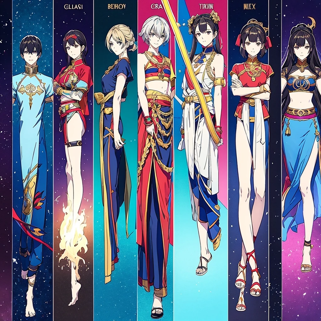 Draw anime fate grand order, divided into 7 classes, 4 male characters and 3 female characters, Thai theme.