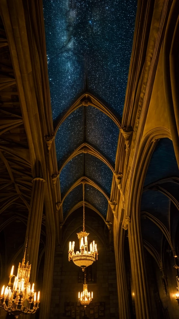 The ceiling of the Great Hall in Hogwarts Castle is illuminated with a starry night sky.,Photorealistic, precise and high quality