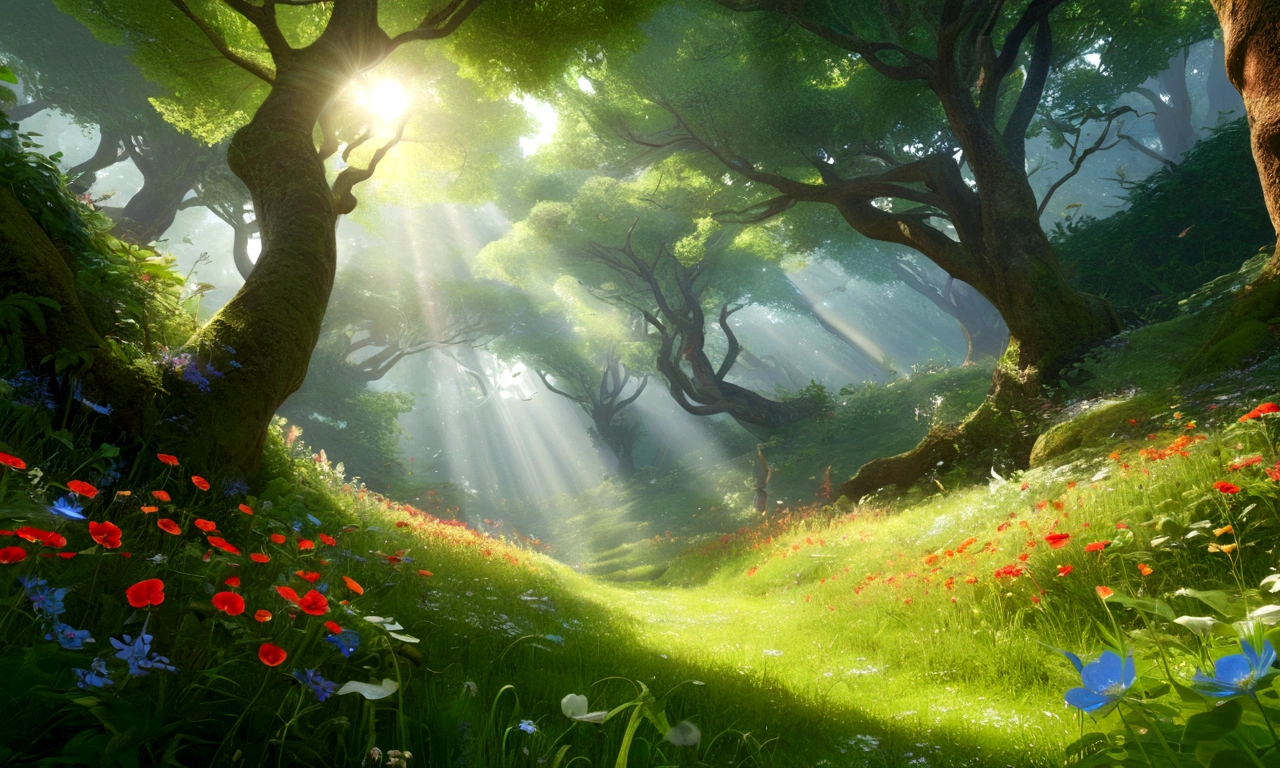 Deep in the mysterious forest、Gentle sunlight through the trees、Lush forest leaves, grass and wildflowers、Delicious little fruit、Fairy dust floating in the air、The overall atmosphere is dreamy and tranquil.。Different world、Different dimension、Very realistic、Realistic、Surreal、masterpiece、Highest quality、High resolution、8K、3D Rendering、Depth of written boundary、