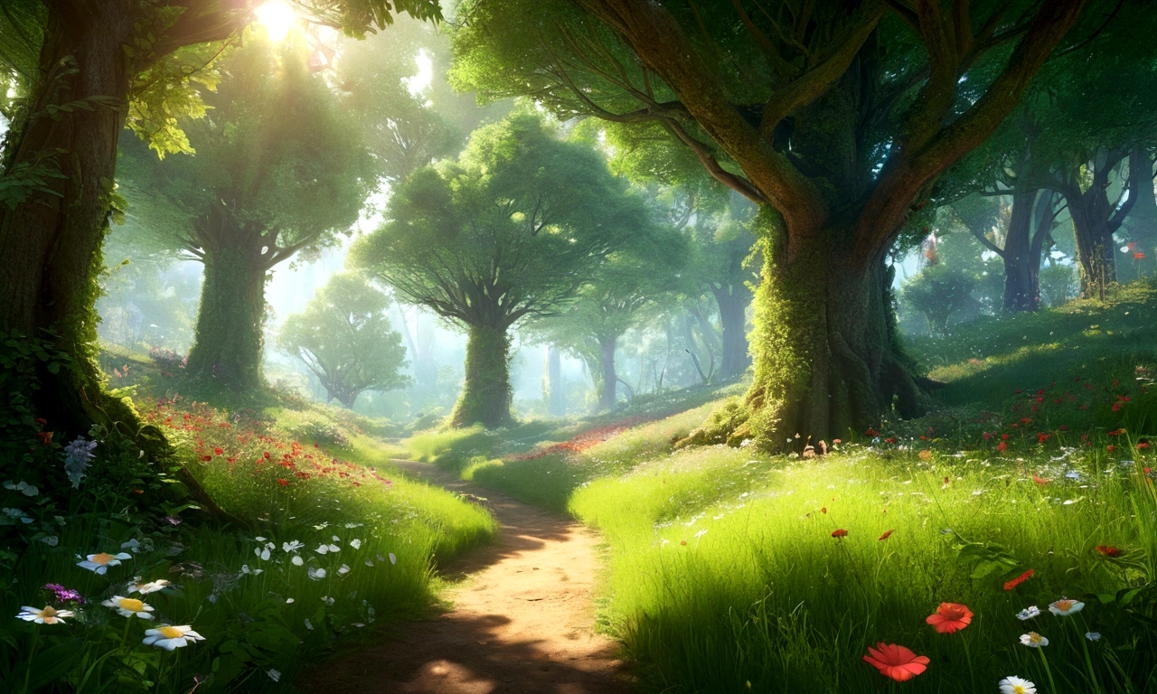 Deep in the mysterious forest、Gentle sunlight through the trees、Lush forest leaves, grass and wildflowers、Delicious little fruit、Fairy dust floating in the air、The overall atmosphere is dreamy and tranquil.。Different world、Different dimension、Very realistic、Realistic、Surreal、masterpiece、Highest quality、High resolution、8K、3D Rendering、Depth of written boundary、