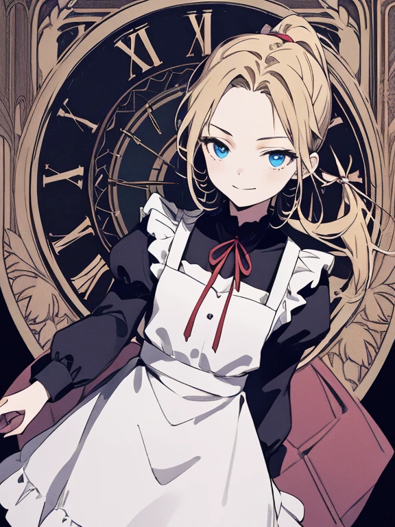 masterpiece, Highest quality, Very detailed, 16K, Ultra-high resolution, Cowboy Shot, Alice in Wonderland, (art nouveau:1.4), ****************, Detailed face, smile, blue eyes, blonde, Braiding, Long Hair, ponytail, Ribbon on head, Blue clothes, Plain white apron, 大きなclockのある部屋で, clock, 壁clock, Music Box