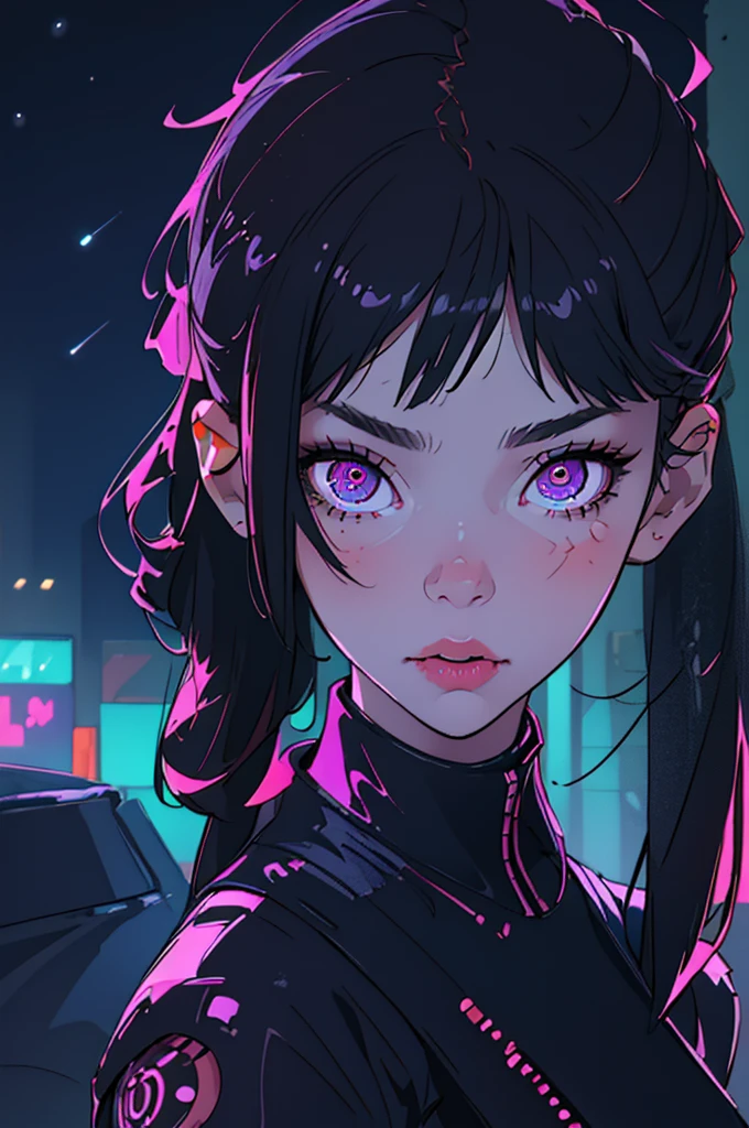 (best quality, masterpiece1.2), (detailed eye:1.2), complex detail, depth of field, 1girl, city, cyberpunk, neon, neon lights, night, moon,