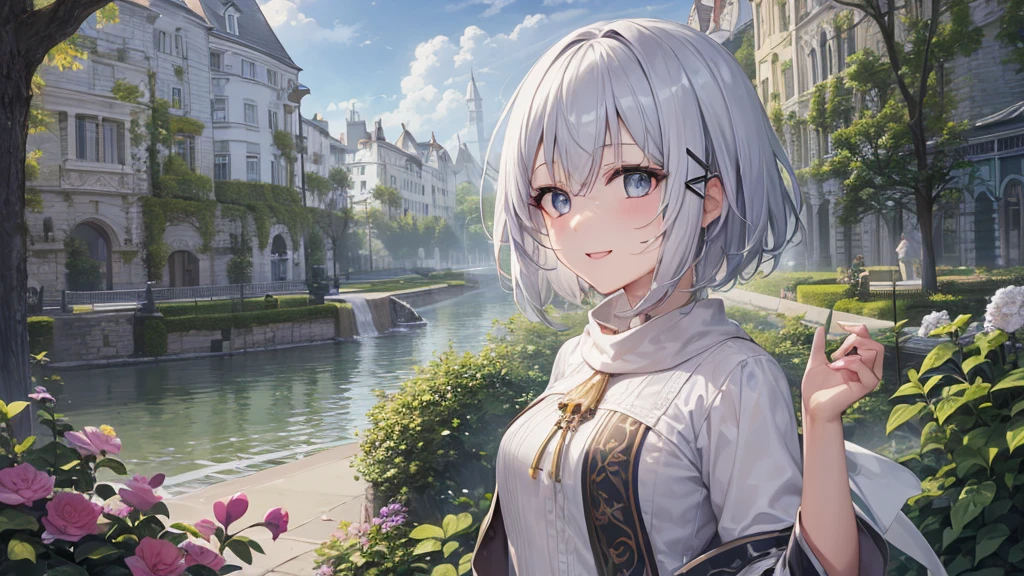 Her eyes were shining、Mysterious and enchanting atmosphere。With AI Painting、とてもShort Hair, Long bangs between the eyes, Very detailed,(masterpiece、Highest quality)、alone、Gray Hair、Fantasy, Silver Hair, Fantasyな風景、White shirt、smile、Open your mouth、Scarf、short hair、Short Hair、hairpin、black eye、Grey Eyes、Beautiful Eyes