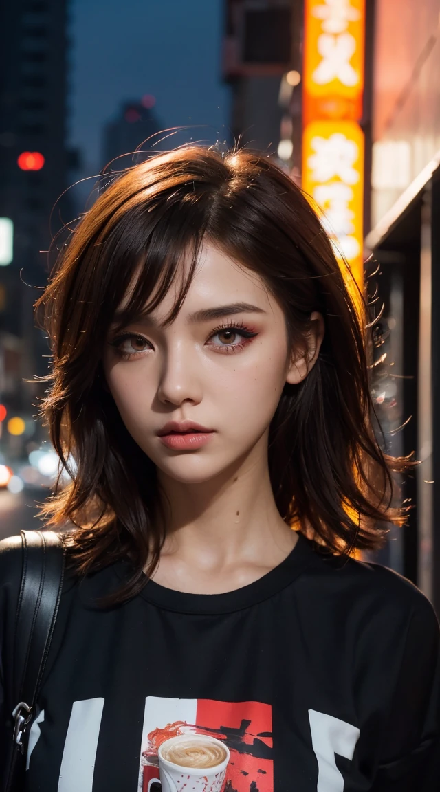 beautiful girl, , Short, bright red, messy hair, Black Eyeshadow, (Street Style Wear:1.2), (Urban Background:1.2), Heavy makeup, Digital Art, Trending on Art Station, highly detailed, The finer details, Complex, beautiful detailed glow, detailed, Cinematic Light, High resolution, detailed facial features,Sharp focus, Smooth, beautiful,Cup Noodles Bukkomi Rice