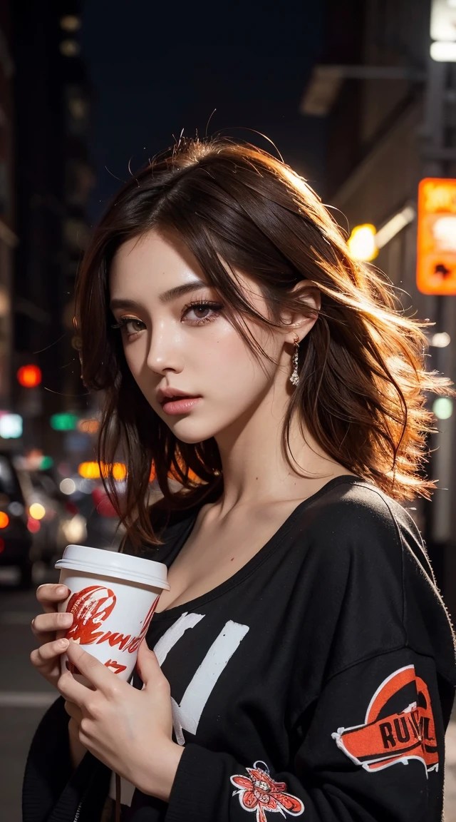 beautiful girl, , Short, bright red, messy hair, Black Eyeshadow, (Street Style Wear:1.2), (Urban Background:1.2), Heavy makeup, Digital Art, Trending on Art Station, highly detailed, The finer details, Complex, beautiful detailed glow, detailed, Cinematic Light, High resolution, detailed facial features,Sharp focus, Smooth, beautiful,Cup Noodles Bukkomi Rice